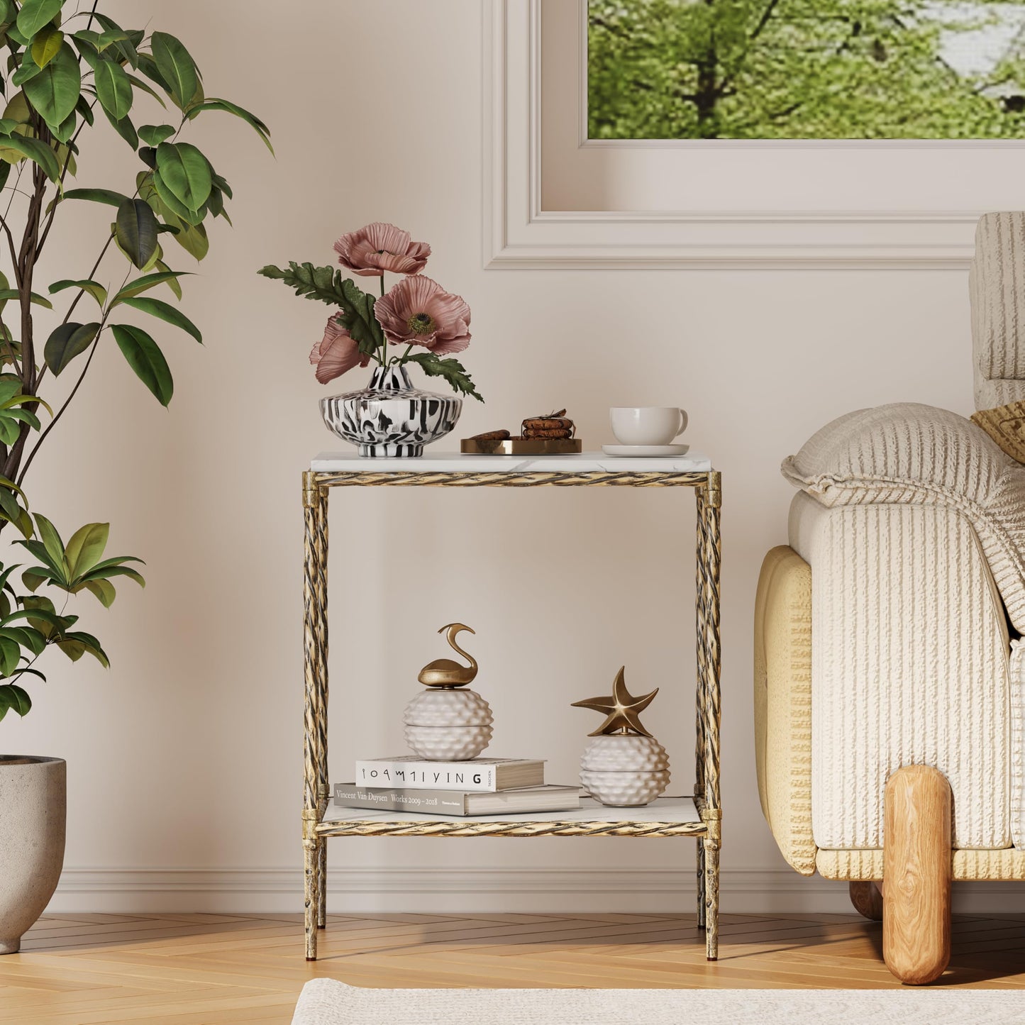 FormaCraft Antique Square End Table with a Marble-Effect Wooden Top, 20" Gold Side Table with 2-Tier Open Storage Shelves, Modern Square Accent Table with Antique Brass Finish for Living Room, Bedroom