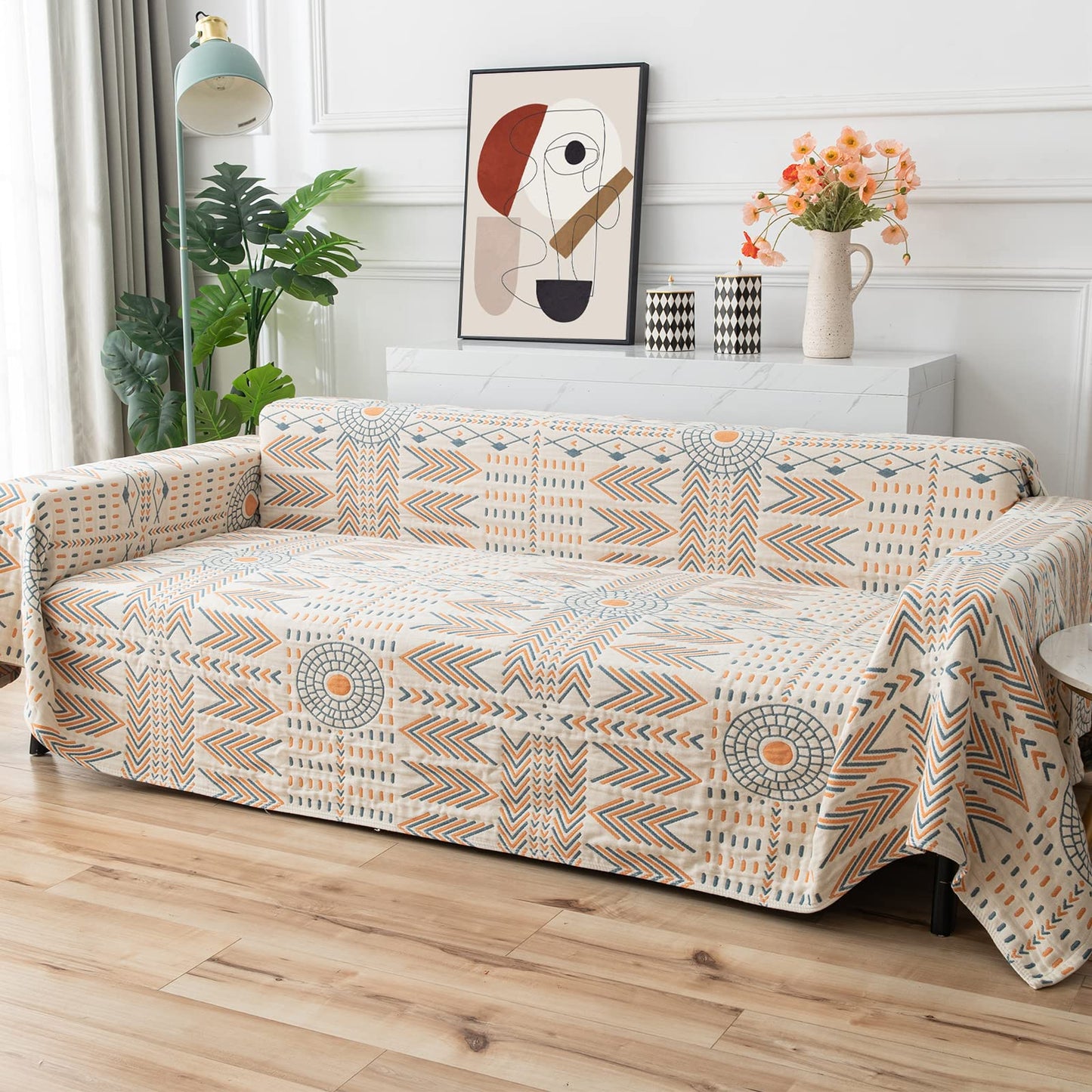 Osunnus Cotton Couch Cover Washable Boho Reversible Throw Sofa Cover Geometric Jacquard Multi-Use Furniture Protector for 2 Cushion Sectional L Shaped Sofa Bed Boho Home Decor, 79" x 102"