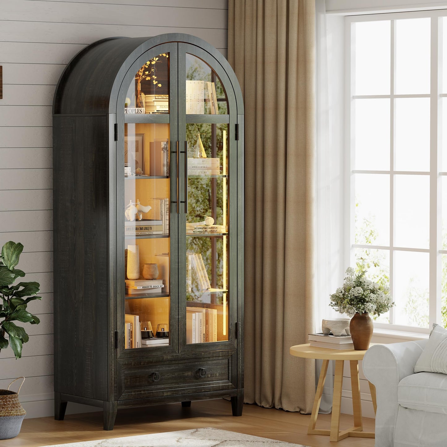 MDGC Glass Display Cabinet with Glass Doors, 4-Tier Curio Cabinet with Shelves and a Drawer,73" Inch Tall LED Display Case for Collectibles,LED Bookcase for Bedroom Living Room Office,Black White