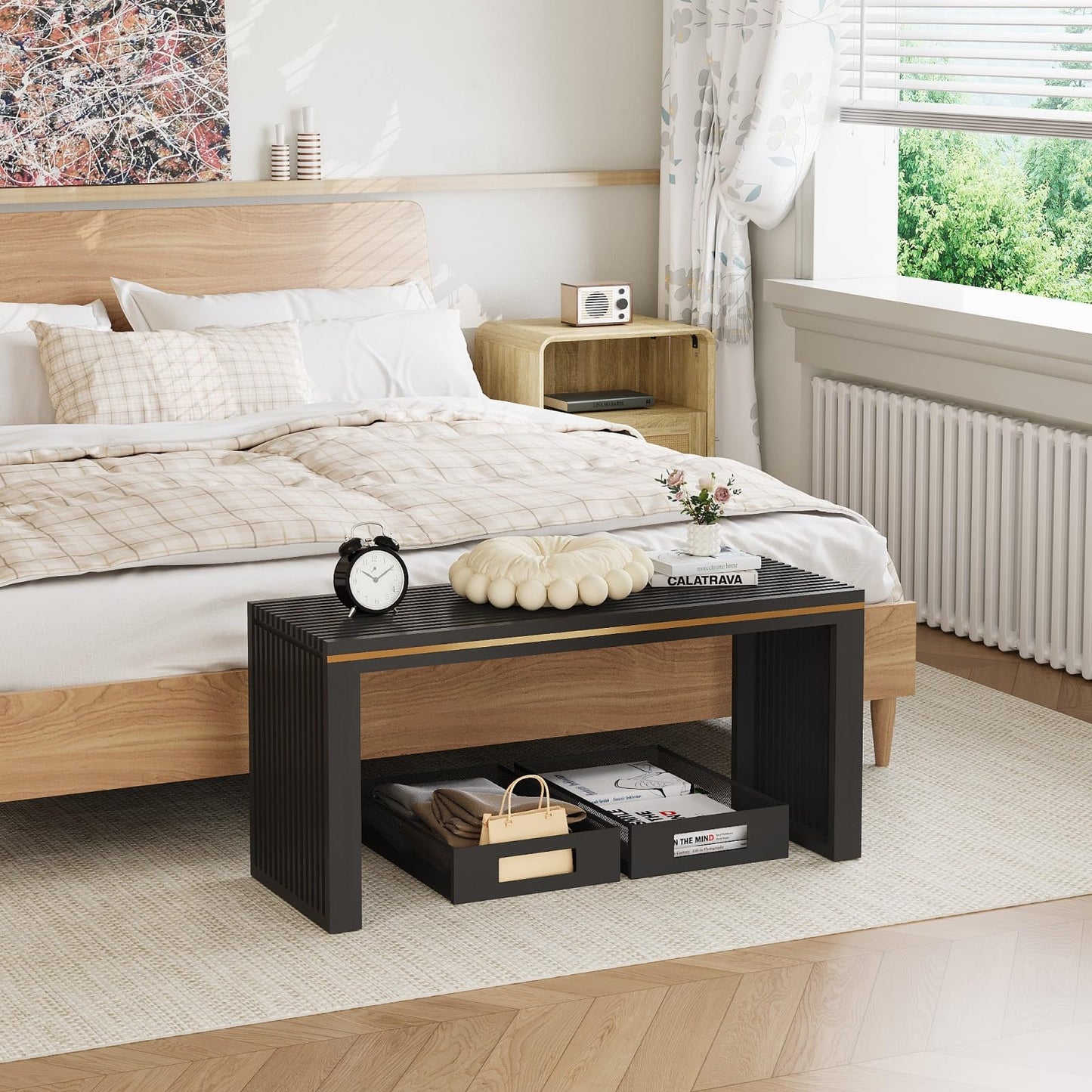 Wisuce Bamboo Dining Bench, 35 inch Entryway Indoor Bench, Black