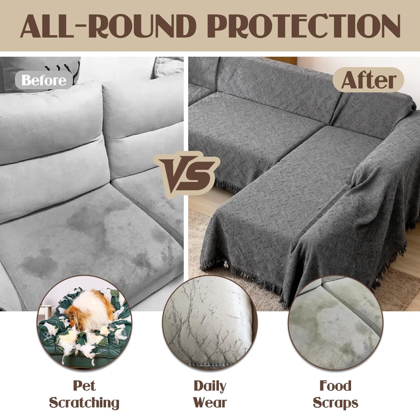 VANITURE Sectional Couch Covers U Shape, 3 Pieces Sofa Cover for Sectional Sofa, Washable U Shaped Couch Cover Blanket with Chaise Lounge for Dogs - Dark Gray (2PC 110"x63" + 1PC 90"x71")