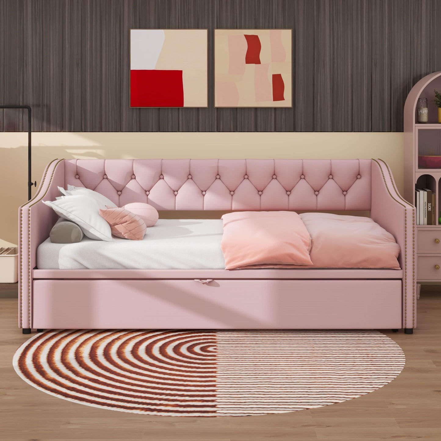 YunNianYang Twin Size Upholstered daybed with Pop Up Trundle (Pink)