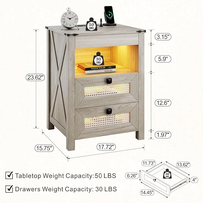 Farmhouse Night Stand with Gun Drawer, Bedside Table with Charger Station