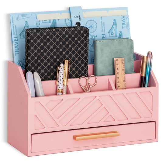 dreampossible Pink Wood Desk Organizer and Accessories with Drawer, Bill Mail Organizer and File Mail Holder for Office Supplies, Modern Desk Accessories & Workspace Organizers for Desk Organization