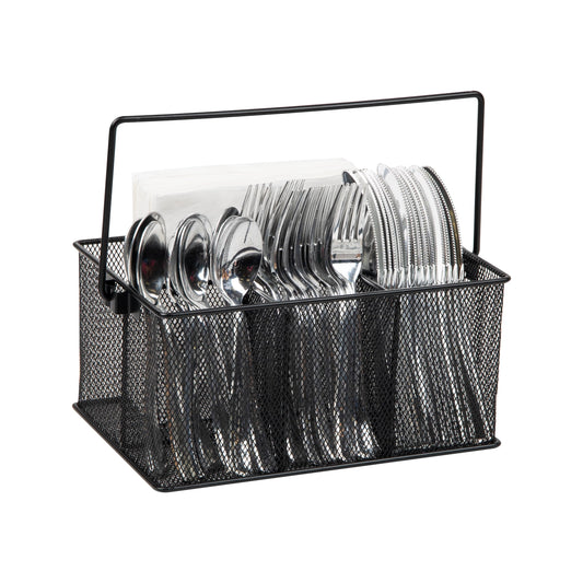 Mind Reader Multi-purpose Storage Caddy with Handle, Desktop Organizer, Cutlery Holder, 4 Compartments, Metal Mesh, Black