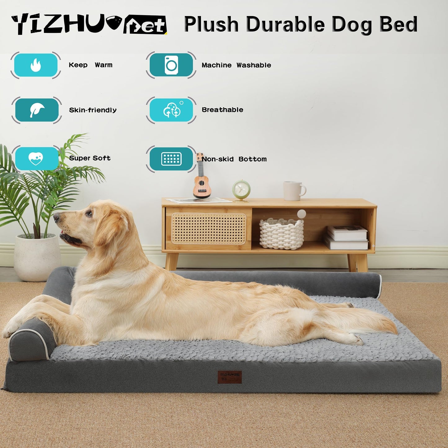 YIZHUOPET Orthopedic Plush L Shape Dog Bed,Medium L Sized Dog 36''X27''x6.5'' Soft Waterproof Egg Foam Pet Crate Beds Mat or Kennel Pads with Removable Washable Cover,Non-Slip Bottom,Grey