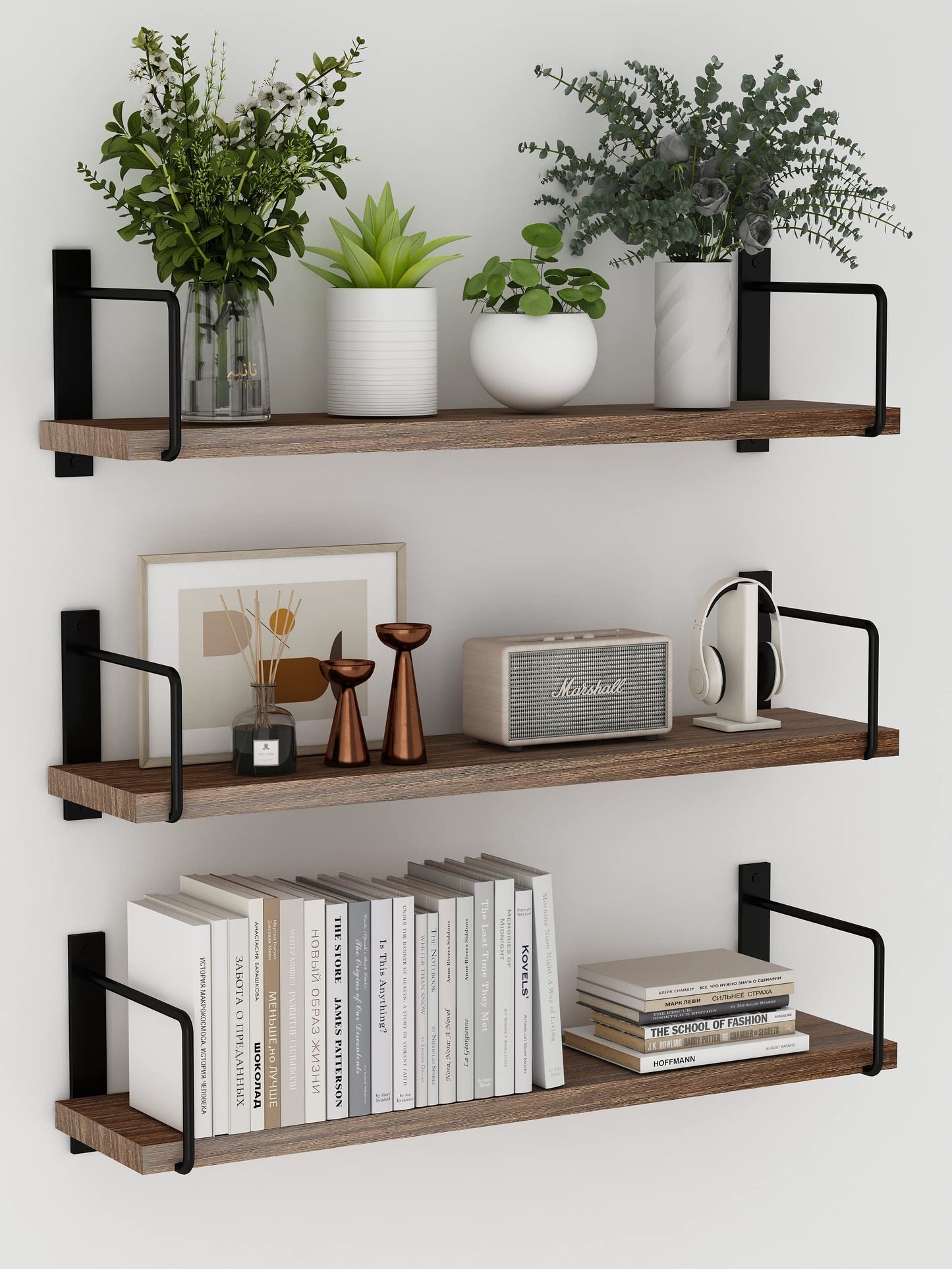 EALLRINEC Floating Shelves, 24 Inches Easy to Install Wall Mounted Shelves, Set of 3, Rustic Wood Shelves for Wall Decor, Storage Shelves for Living Room (Brown)