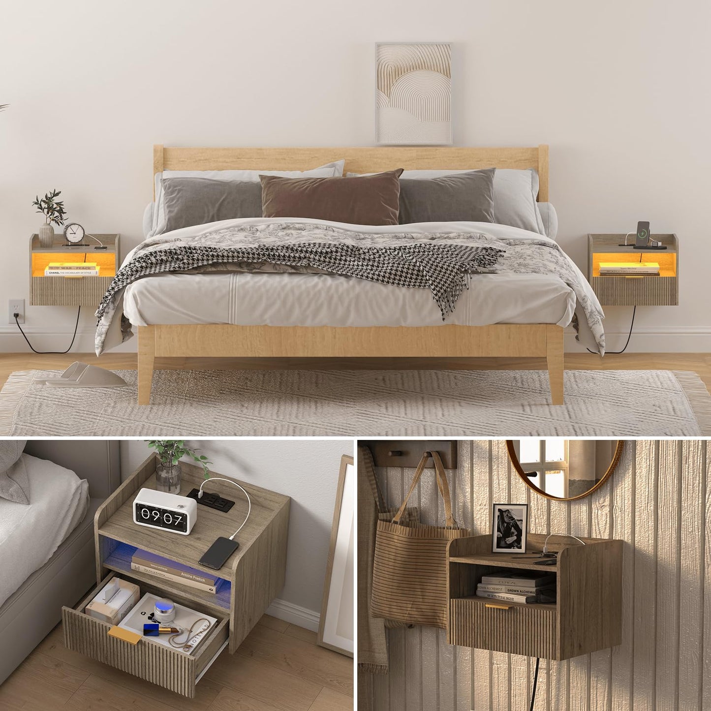 Veegle White Floating Nightstand with Charging Station and LED Lights (Grey)