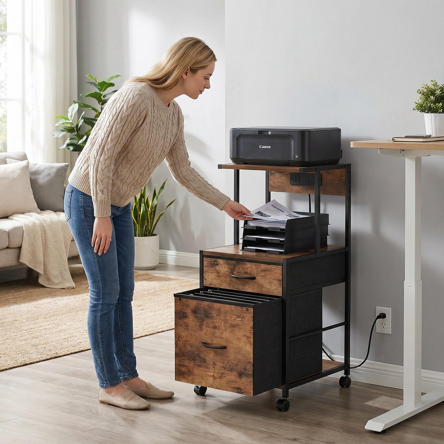 VonDream Printer Stand with Charging Station, File Cabinet for Home Office