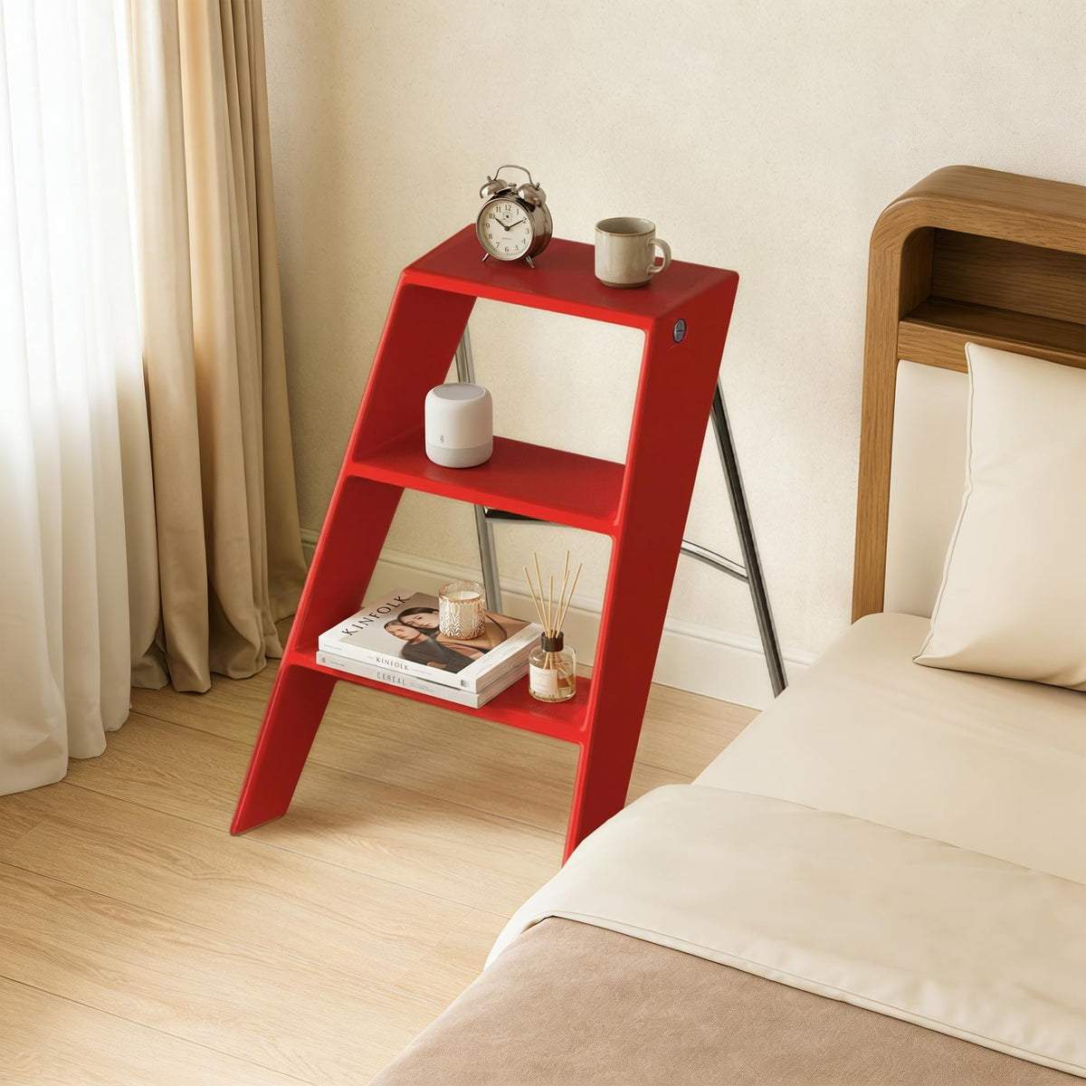 HOTEAGLE Ladder Shelf, Multifunctional 3-Tier Bookshelf, Stylish Bedroom Shelves Double as Bedside Table, Side Table for Home Living Room, Kitchen and Bedroom,Red