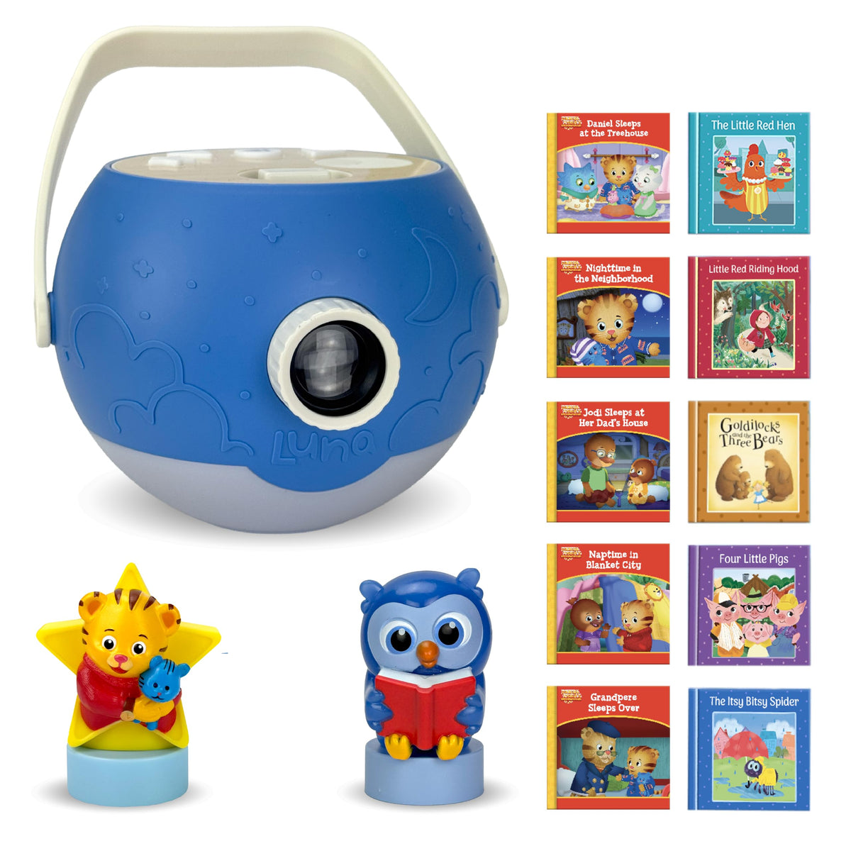 LUNA STORYTIME Kids Book Projector – 5 Daniel Tiger & 5 Classic Read-Aloud Stories, 10 Songs & Night Light & Soothing Dream Music | Children Ages 3+ Storytime Projector | Toys, Owl & Daniel Tiger