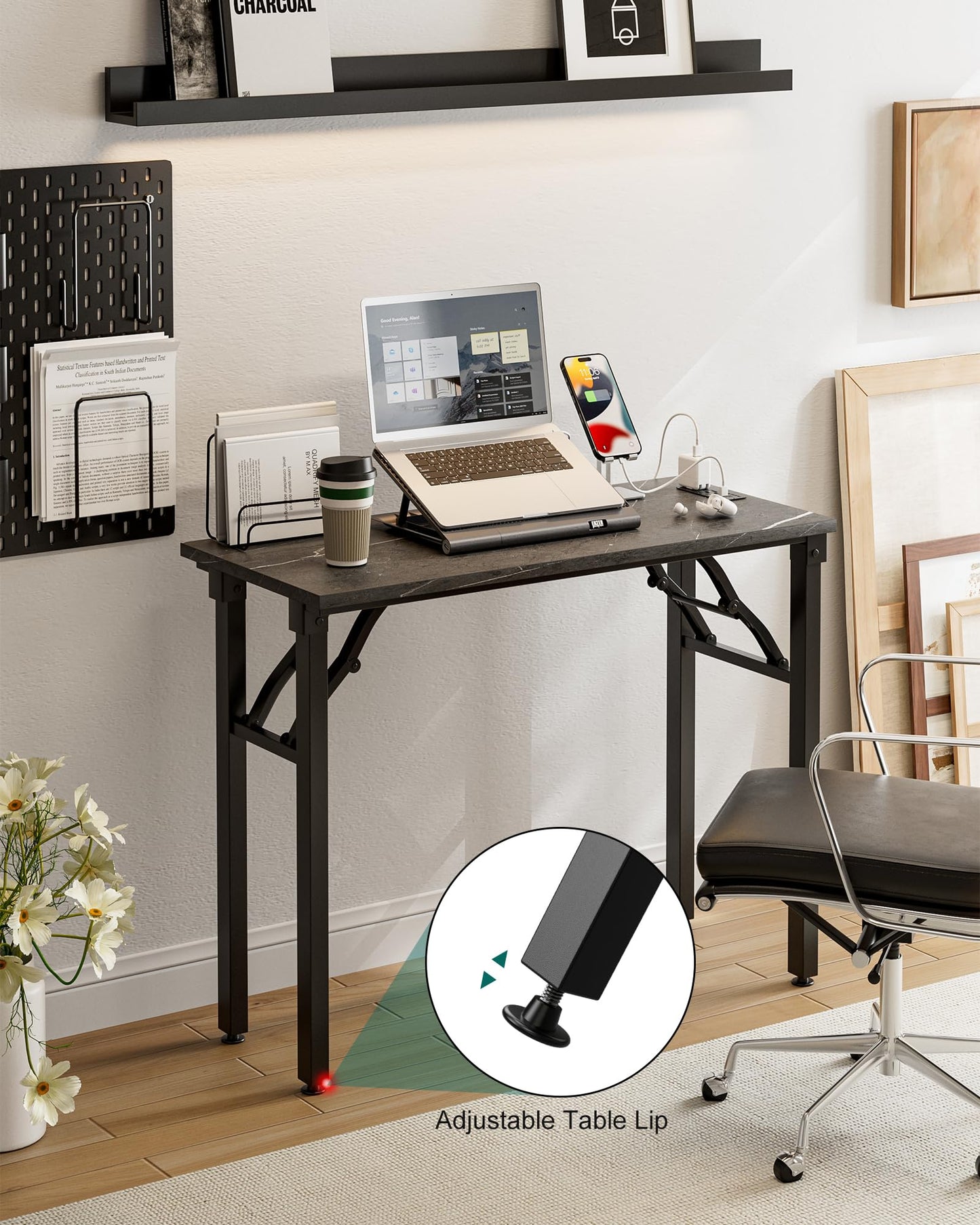 Frylr Small Folding Computer Desk – 35.8 Inch Portable Table for Craft and Study, Lightweight Desk for Small Spaces, Foldable Laptop Table Built-in AC/USB Outlets for Convenience, Marble Greige