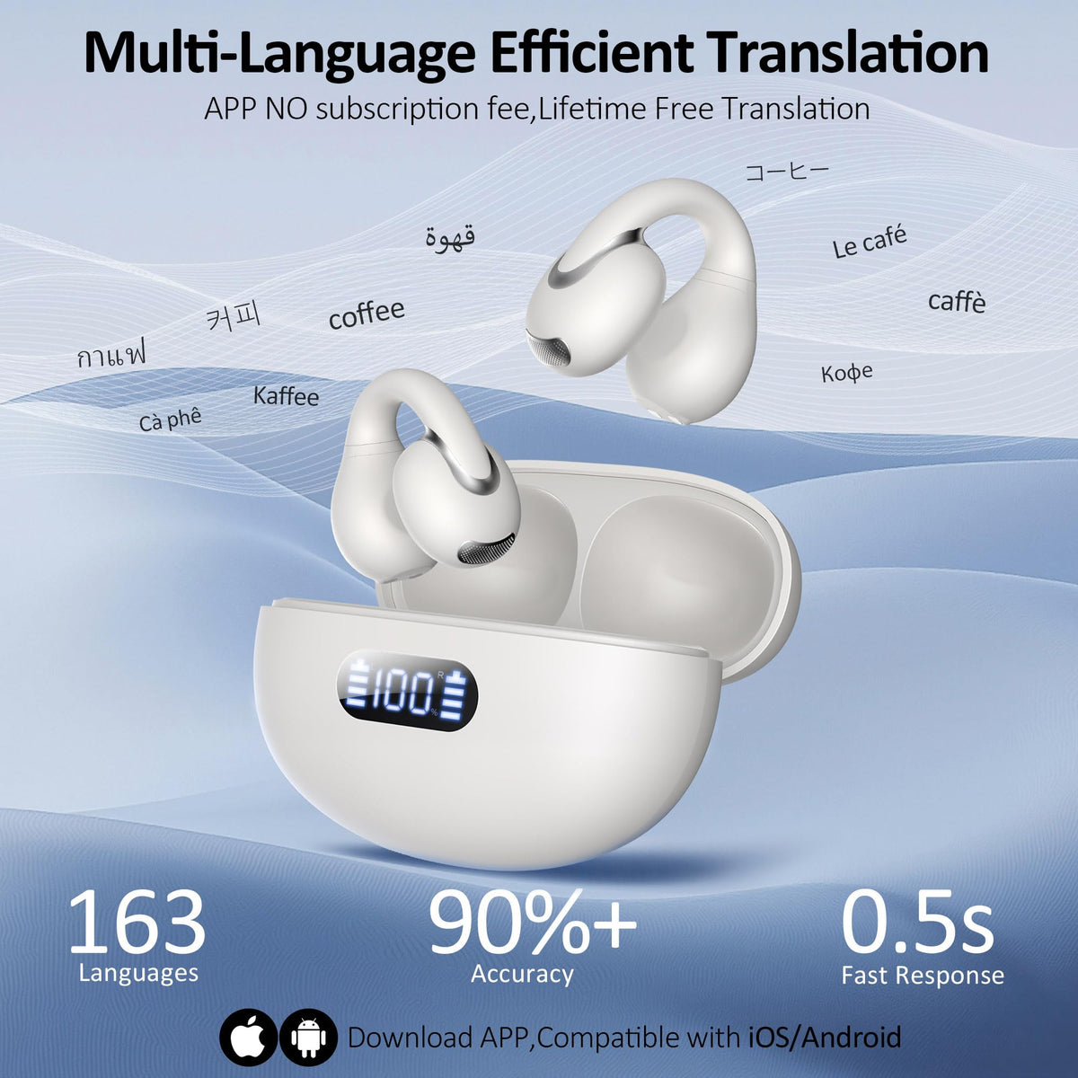 Language Translation Earbuds Real Time, IAMJOY Language Translator Earbuds Open Ear Clip-On Earbuds, Audifonos Traductores Inglés Español Language Translator Device with APP for Travel Study, White