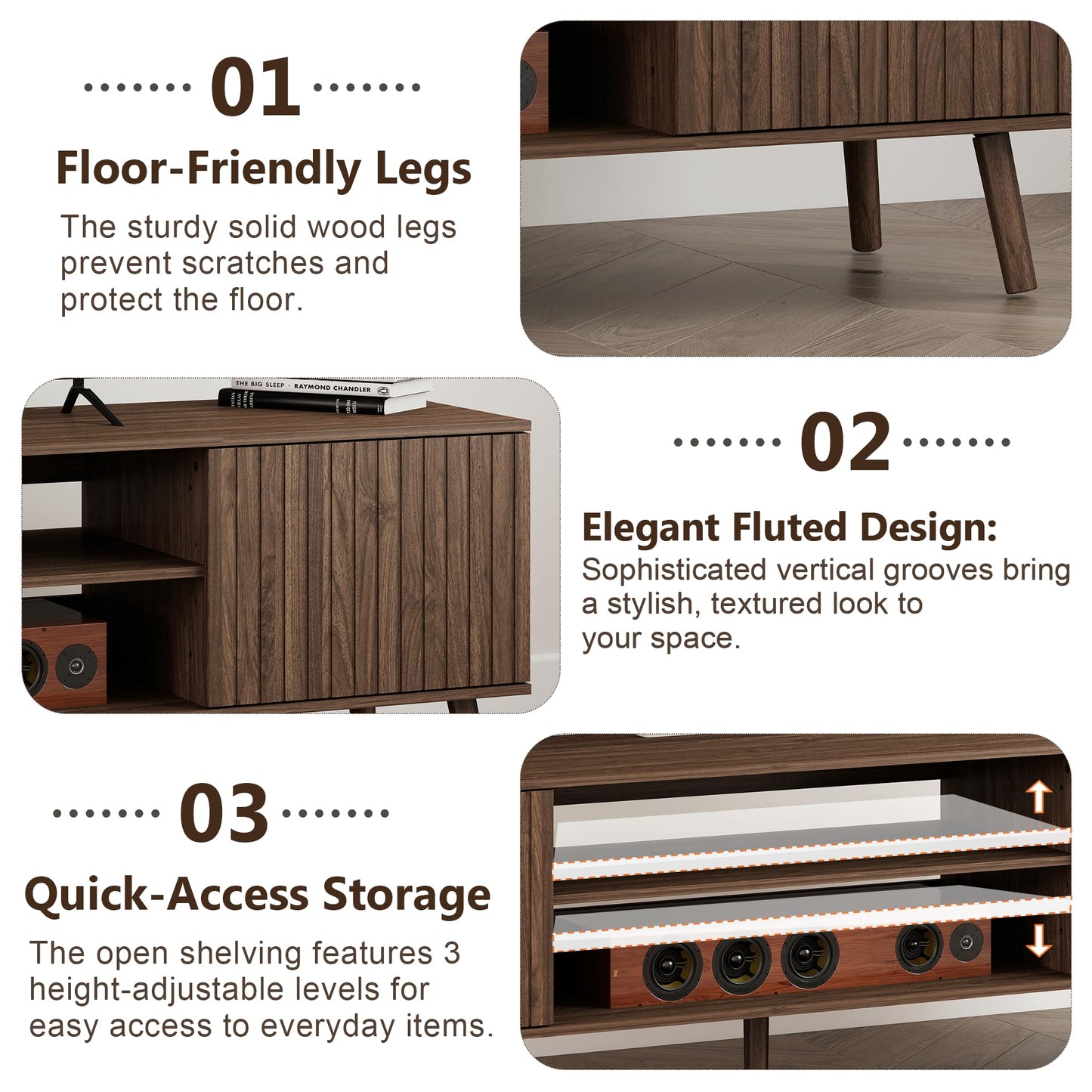 YOSHOOT TV Stand for 75 inch TVs, Mid Century Modern Entertainment Center with Power Outlet,Fluted Media Console with Open Shelves and Storage Cabinets for Living Room & Bedroom, Walnut