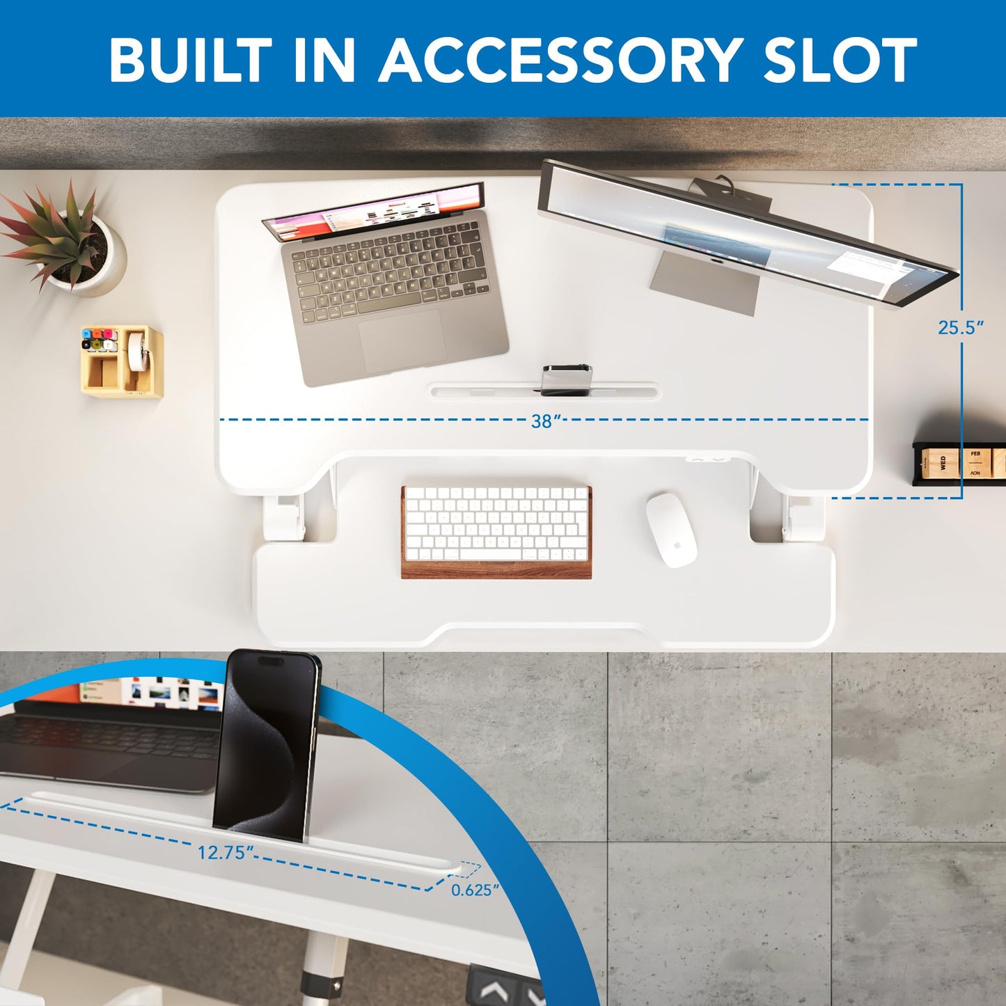 Mount-It! Electric Standing Desk Converter White 38 Inch Wide Tabletop, Stand up Desk Riser, Height Adjustable Sit Stand Desk, Fits Dual Monitors, Keyboard Tray, Device Slot, Monitor & Laptop