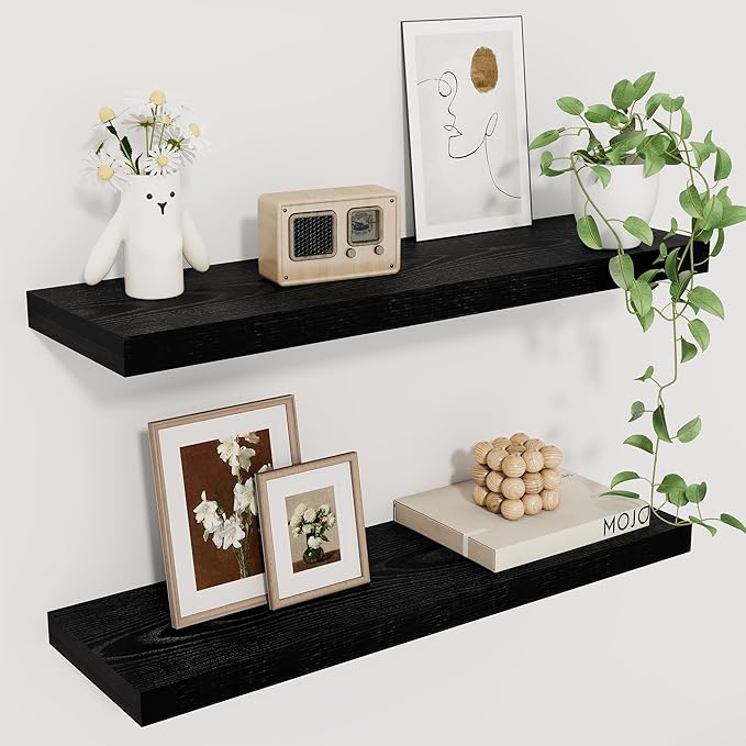 Fun Memories Deep Black Floating Shelf, 22.5" W x 6.5" D Rustic Wood Wall Shelf