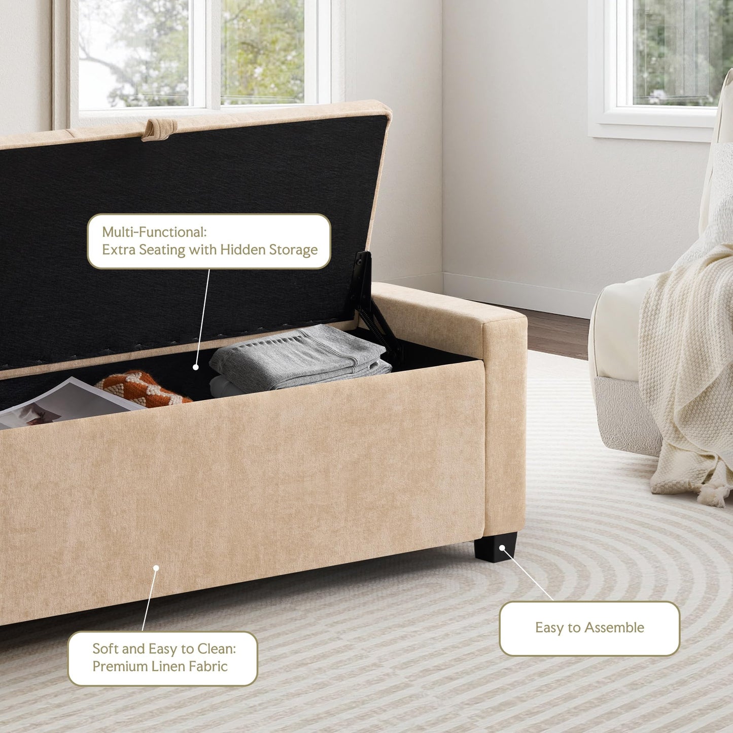 GRAINELL 42.13” Storage Ottoman Bench, Upholstered Tufted Bedroom Bench with Storage, End of Bed Storage Bench for Living Room & Entryway, 350 lb Capacity, Linen flaxen