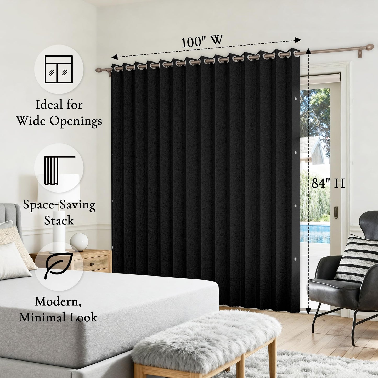 HMYI Vertical Privacy Shades, Memory Trained Pinch Pleated Vertical Drape Suit for 78 Width Open Cover, 1 Panel, W100 x L84, Black