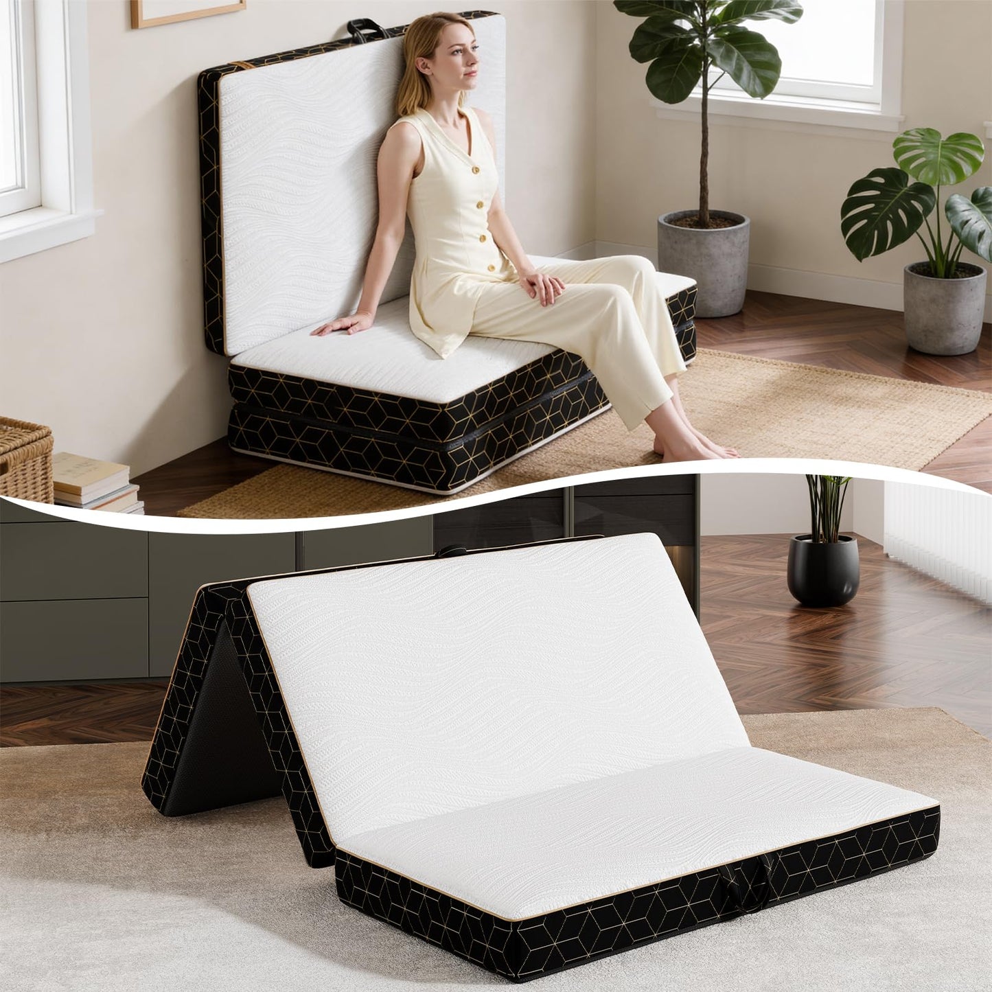 GEMBED Tri-Fold Memory Foam Mattress Twin - 4 Inch Portable Folding Sofa Bed with Handle & Washable Cover, Floor Sofa Bed with Non-Slip Base, Space-Saving for Room, Travel, Guest Bed, RV, 75"x38"x4"
