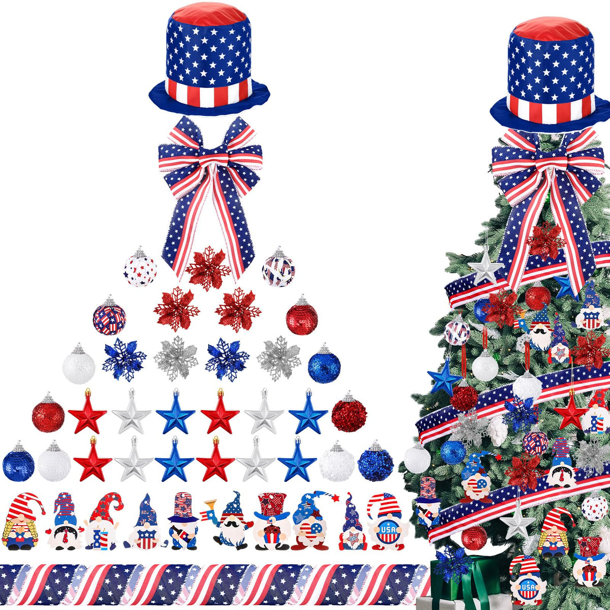 43 Pcs 4th of July Patriotic Tree Decorations Independence Day Christmas Tree Ornaments Ribbon Bow Topper Red White and Blue Hanging Ornaments for National Memorial Day Party