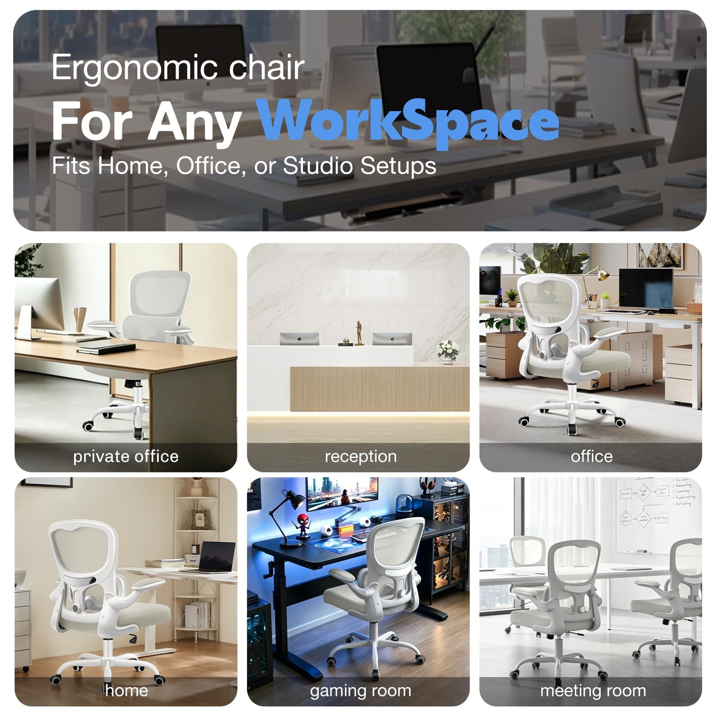 ALLGOD Ergonomic Office Chair, Breathable Mesh Ergonomic Desk Chair with Adjustable Lumbar Support, Flip-up Armrests, Computer Chairs Comfortable for Home, Office, Work, 300lbs, White, Upgrade