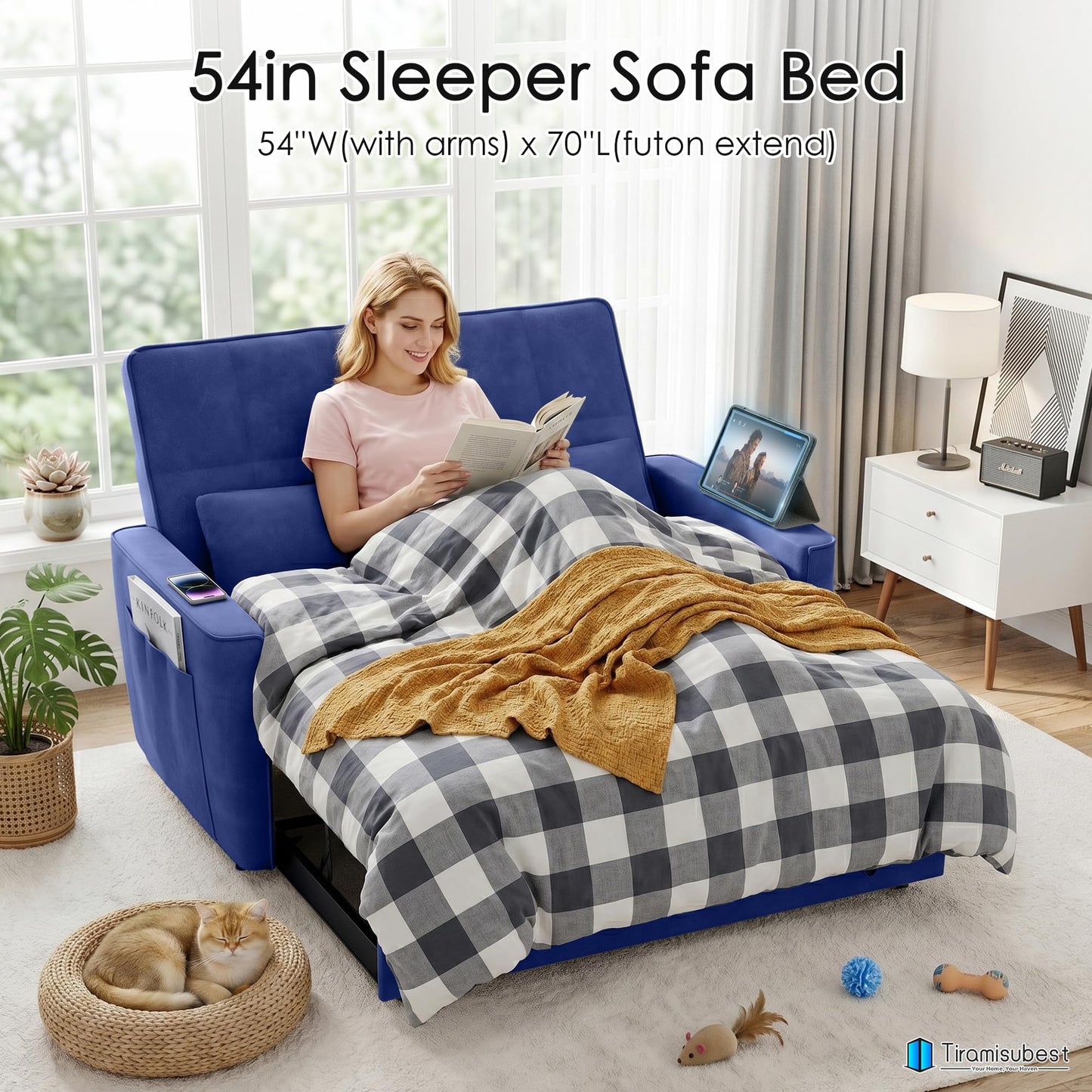 tiramisubest 54'' Sleeper Sofa Bed, Convertible Pull Out Couch Futon for for Living Room,Apartment (Blue, Loveseat) Side Pockets, Velvet Fabric, Adjustable Backrest, Pull-Out Bed, Easy Assembly