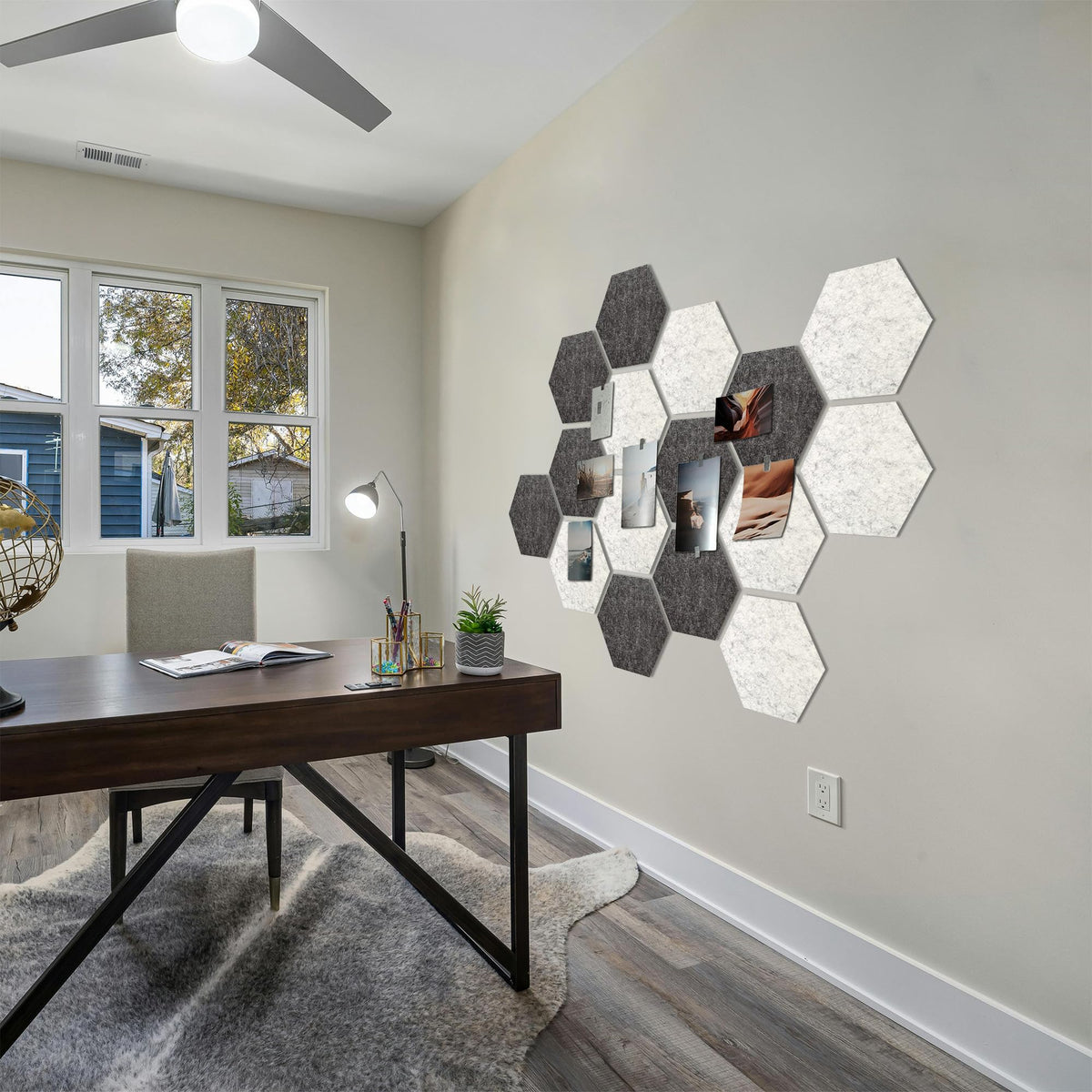 Hexagon Felt Bulletin Board Tiles, 8 Pcs, 8.7 x 7.5 inches, with 20 Pushpins, for Easy Display of Photos Pictures Memos Notices, Felt Wall Tiles for Office Home Classroom (Gray)