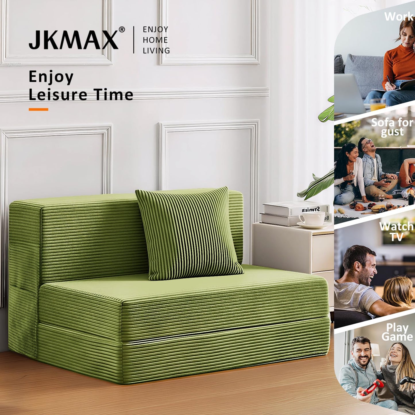 JKMAX Single Size Folding Sofa Bed - 4 in 1 Convertible Sleeper Chair - High Density Memory Foam Futon Couch - Foldable Bed for Living Room Bedroom (Green)