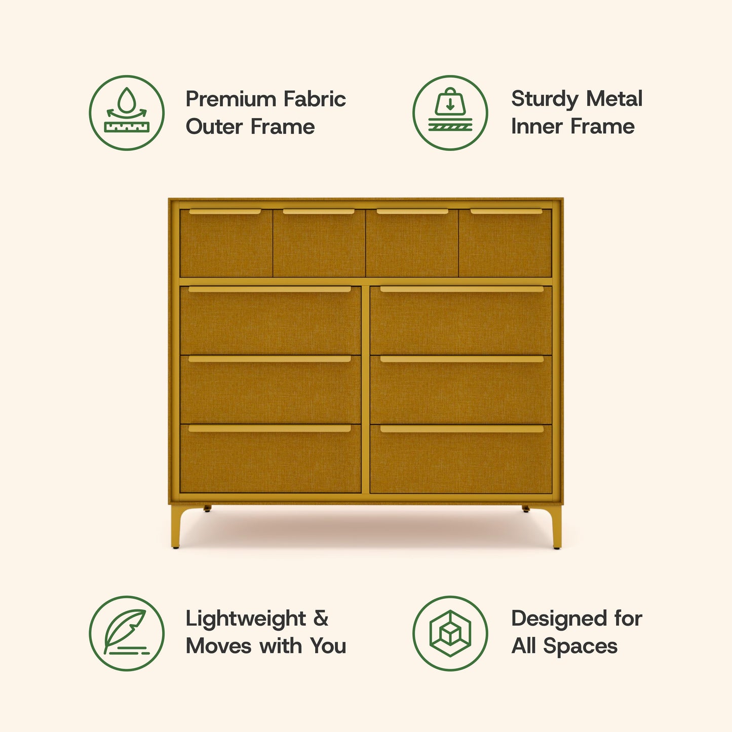 tinge Naima Premium Fabric Dresser - Strong Metal Frame, 10 Spacious Sag-Proof Drawers with Sleek Metal Handles - Premium & Durable Storage Solution for Your Home (Yellow)