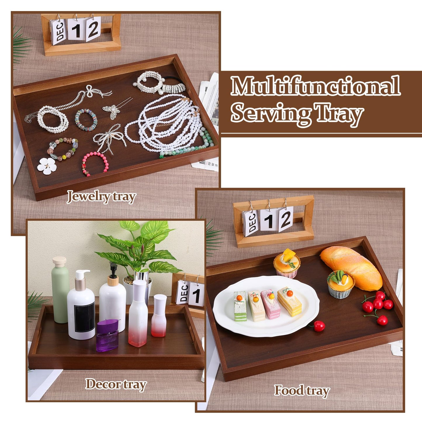 HANLANXUE 2 Pcs 17 Inch Acacia Wood Serving Trays with Handles, Large Wooden Tray Platter for Ottoman, Breakfast in Bed, Coffee Table, Decorative Rectangular Tray for Living Room Bedroom Kitchen