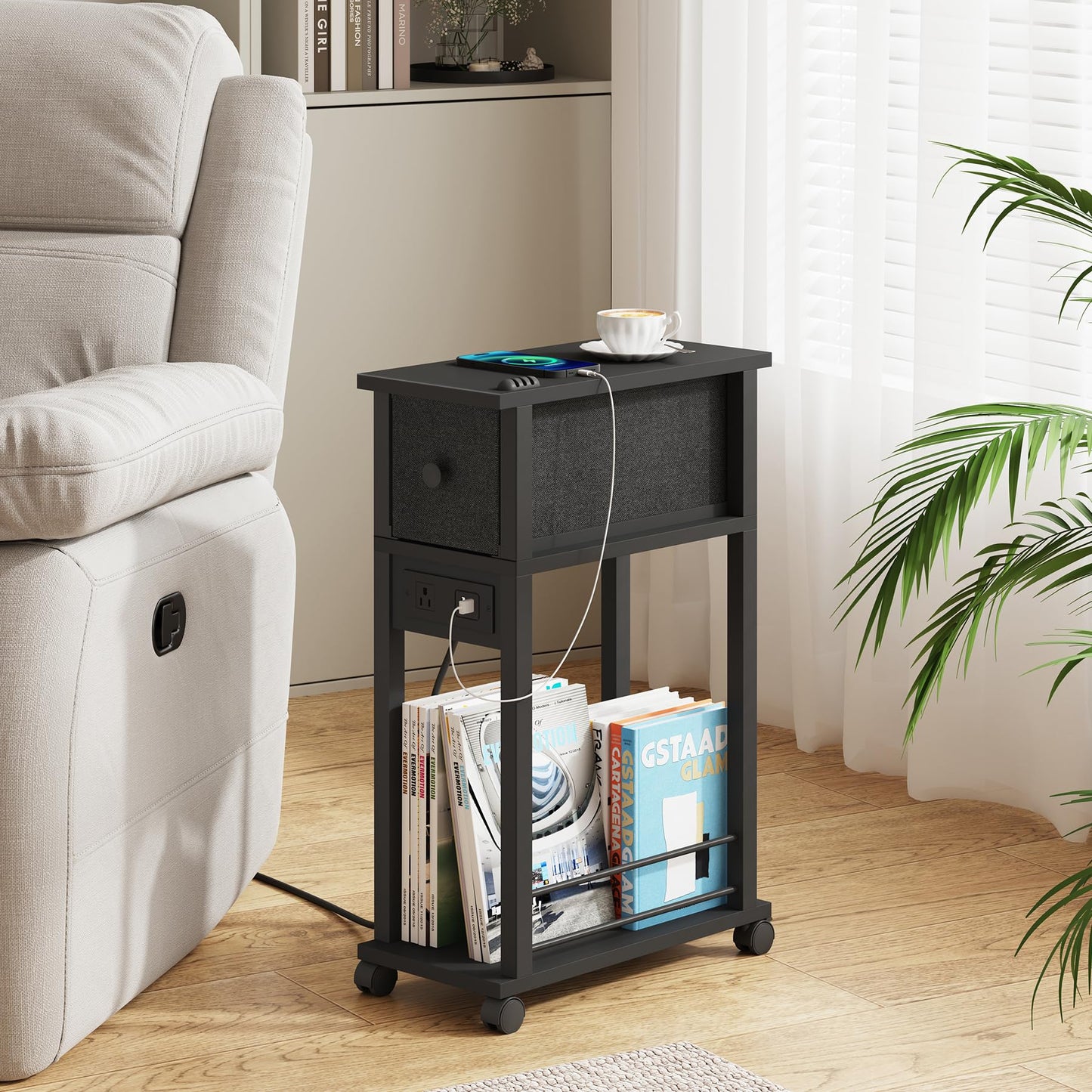 DGSANDGO Narrow Side Table (1PC) - Black End Table with Overload Protection, Charging Station Drawer & 4 Wheels, Mobile Storage Nightstand for Bedroom Studio Apartment (1 AC + 2 USB Ports)