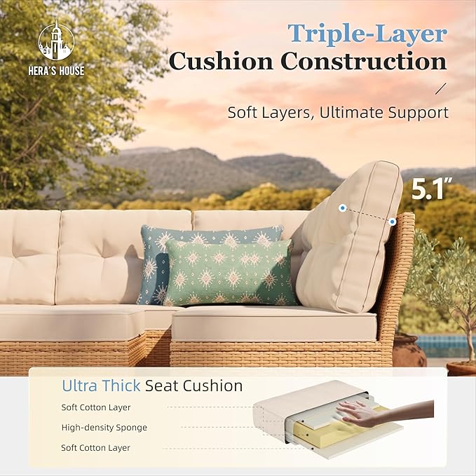 HERA'S HOUSE Small Patio Furniture Set, 6 Piece Wicker Outdoor Patio