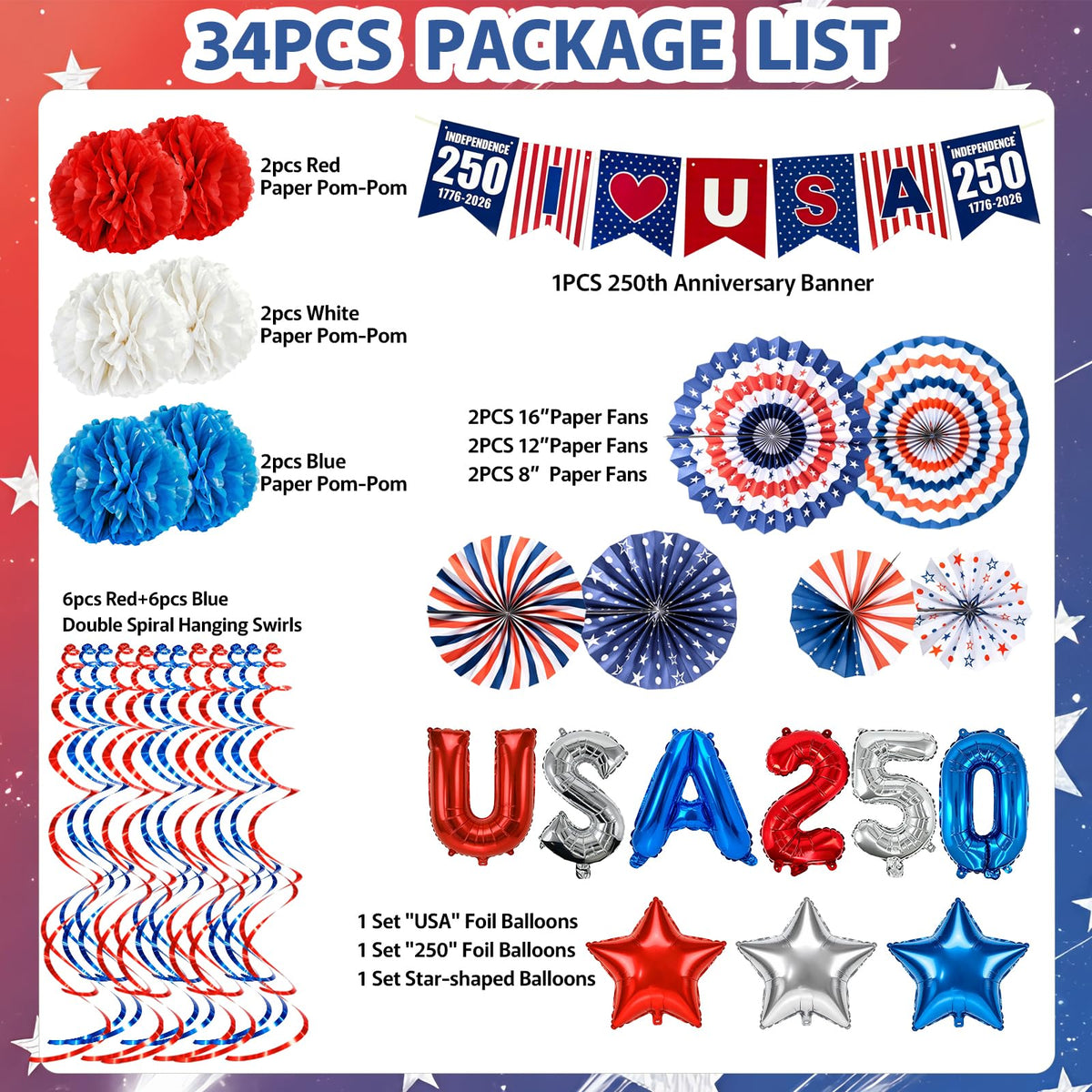 Onfunlee 4th of July Decorations Set, 34PCS Patriotic Memorial Day Decoration US 250th Anniversary Decor, Red White Blue Party Supplies with Paper Fans, Banner, Swirls, Pom Poms for Independence Day