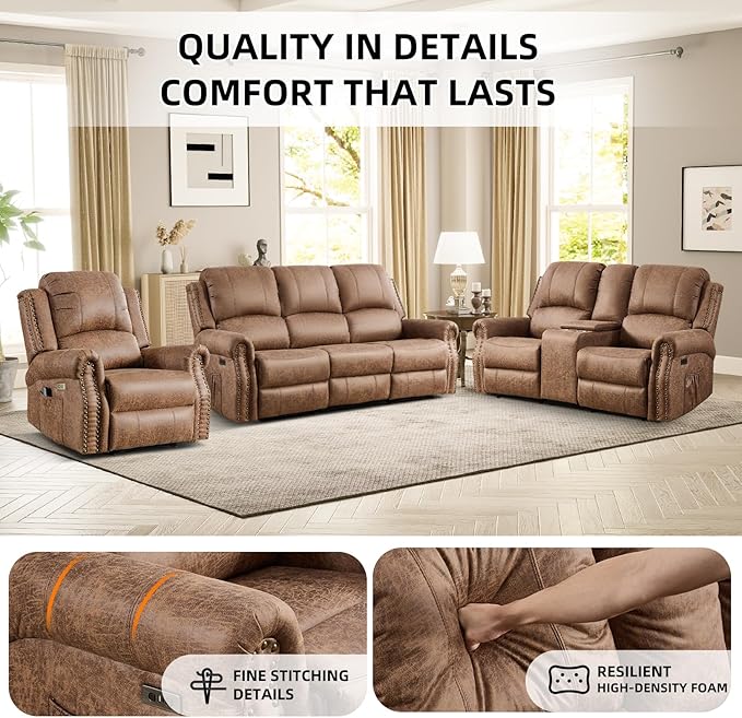 EBELLO Faux Leather Power Recliner Sofa Furniture Set, Included Electric
