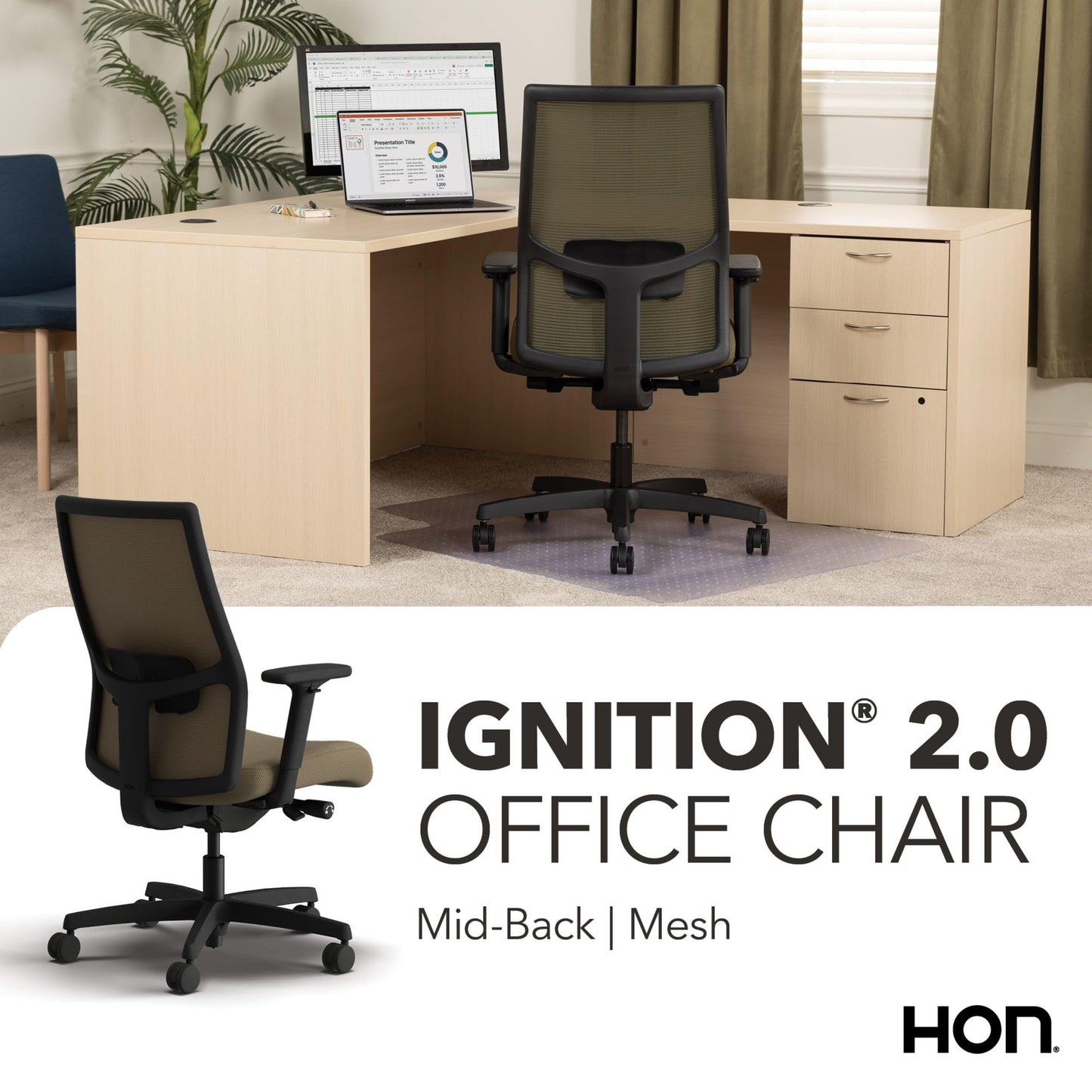 HON Ignition 2.0 Mid‑Back Ergonomic Office Chair, Mesh Task Seating with Lumbar Support, Advanced Synchro‑Tilt, Height and Width Adjustable Arms, Black Frame, Quicksand