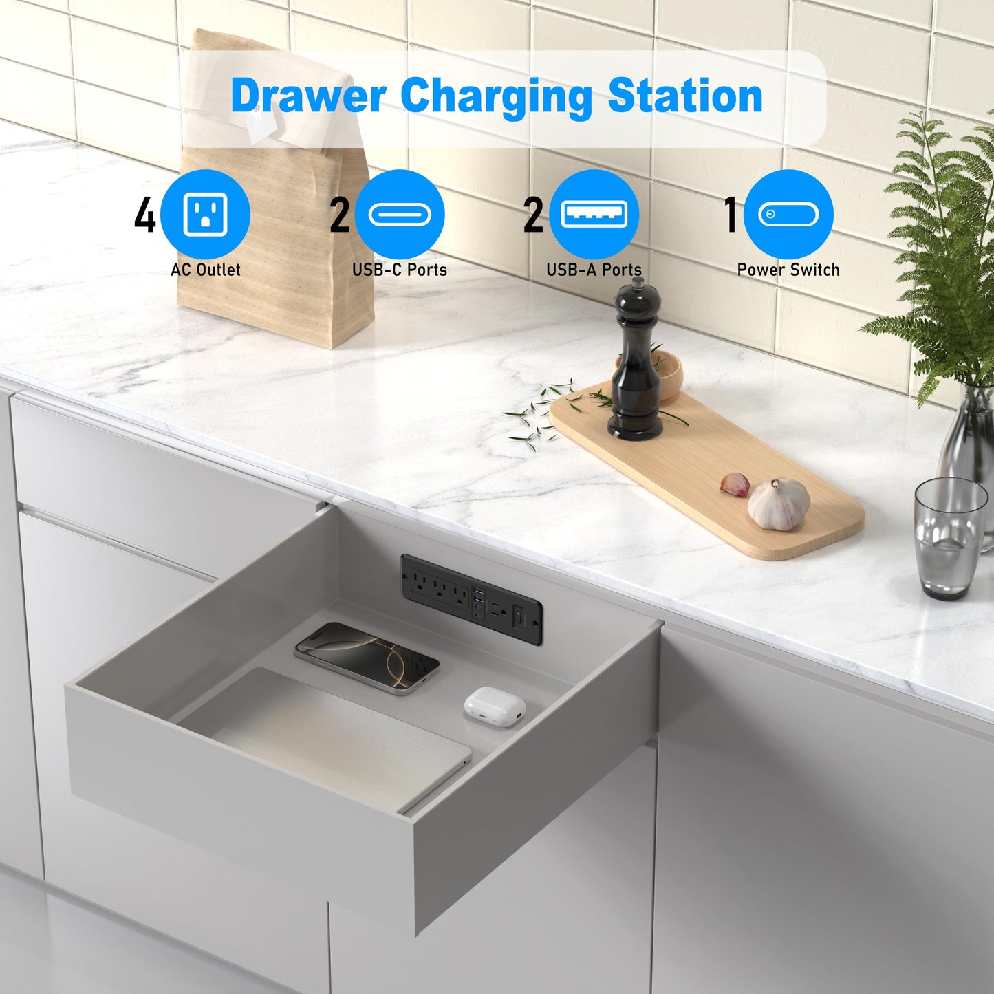 65W USB C Recessed Power Strip, Desktop Flush Mount Outlet with 4AC & 2 PD GaN USB C & 2 USB-A Ports, Furniture Hidden Drawer Charging Station for Home Office, 6FT