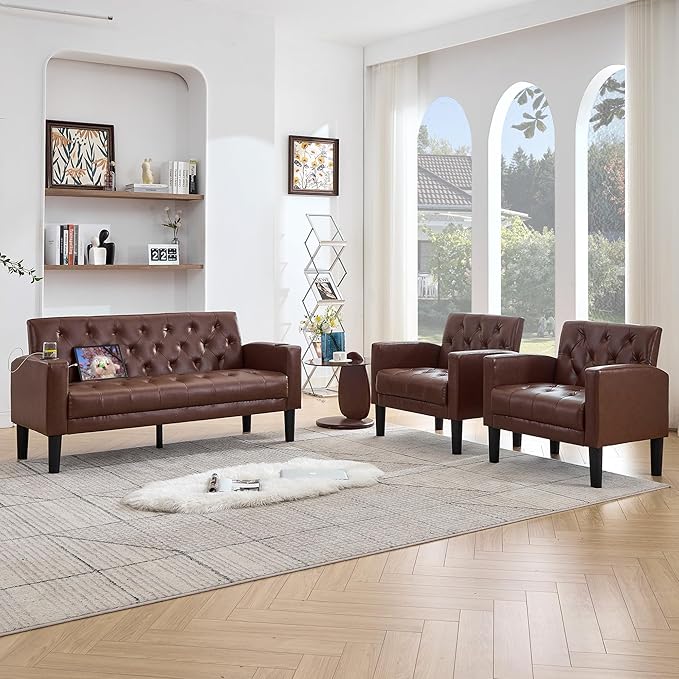 TYBOATLE 62" W Leather Loveseat w/Chairs, 3 Piece Sofa Sets