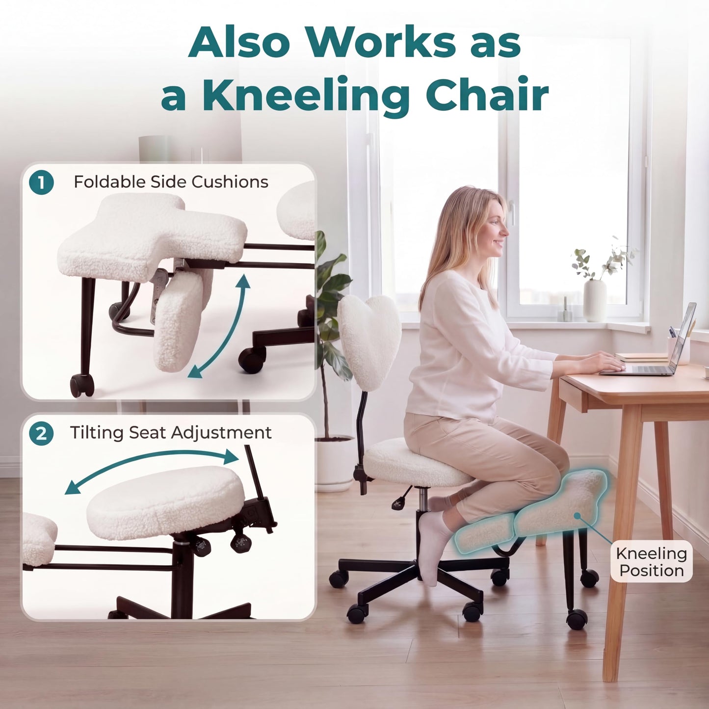 Ergonomic Cross Legged Office Chair with Footrest - Adjustable Crisscross Desk Chair for Kneeling & Sitting Cross-Legged - Swivel Task Chair with Back Support for ADHD & Home Office (White Fleece)