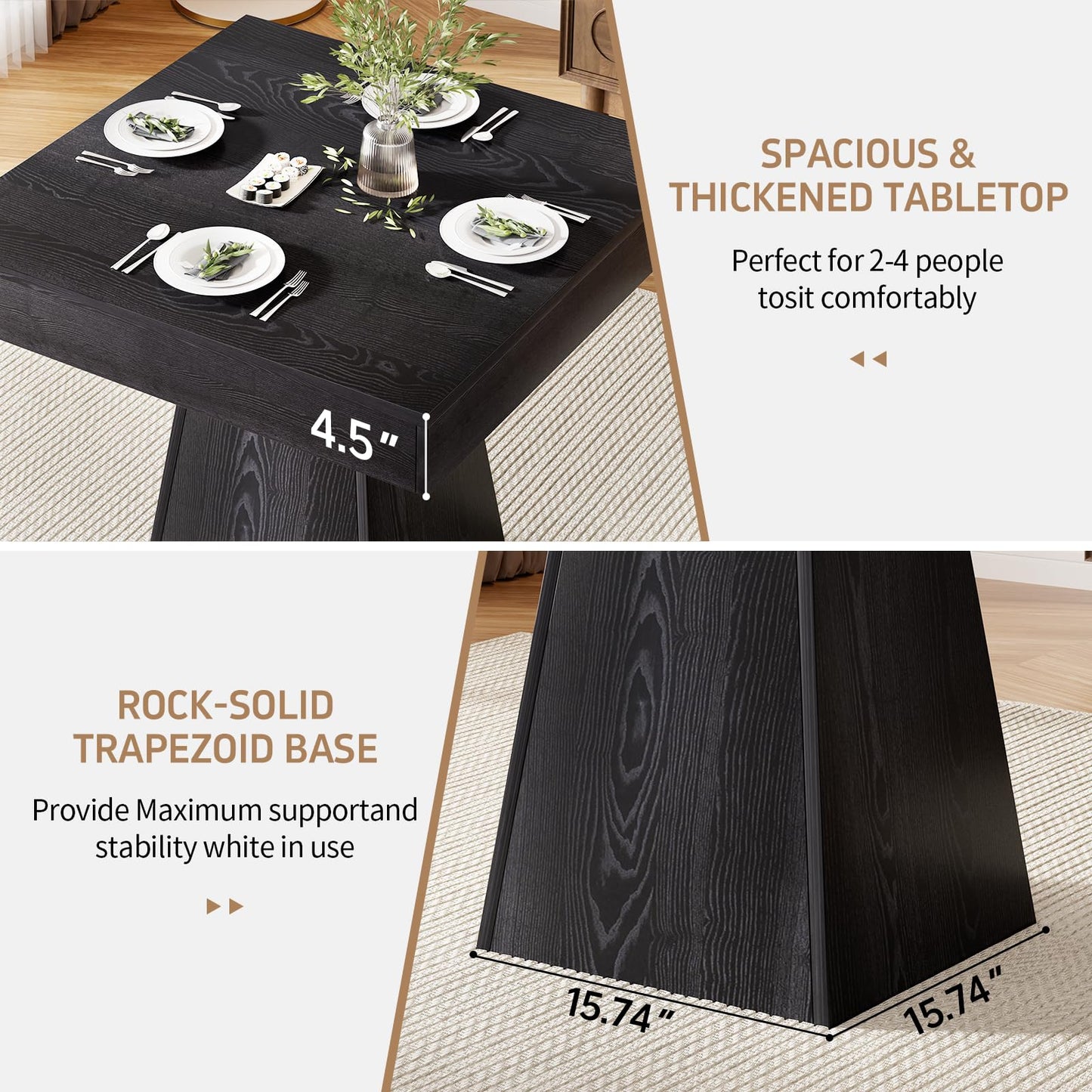 MILEFA Square Dining Table, Farmhouse Style Eating Table for 2-4 People, 31.5-inch Kitchen Table with Sturdy Pedestal Base, Wooden Dinner Table for Dining Room, Living Room, Black
