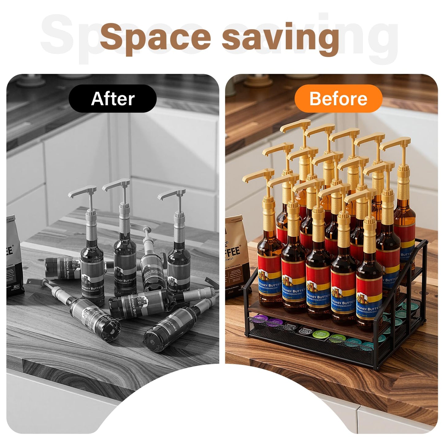 kimilus Coffee Syrup Rack Organizer, 4-Tier 12 Bottle Syrup Rack with 35 K Cup Drawer for Coffee Bar, Countertop Bottle Holder Stand for Dressing for Kitchen Cafe Station