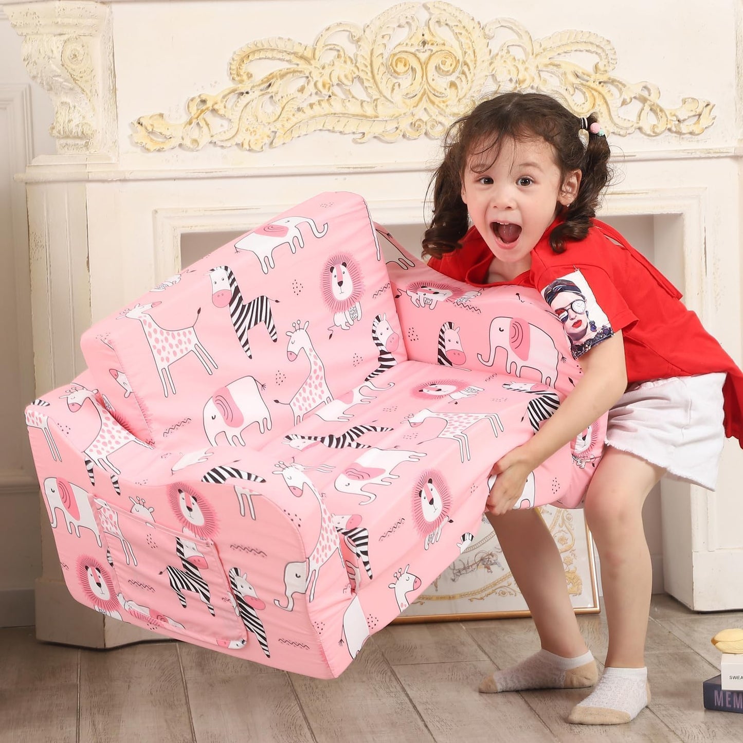 MOMCAYWEX Kids Sofa, 2-in-1 Flip-Out Foam Couch, Foldable Soft Play Lounge Chair, Pink