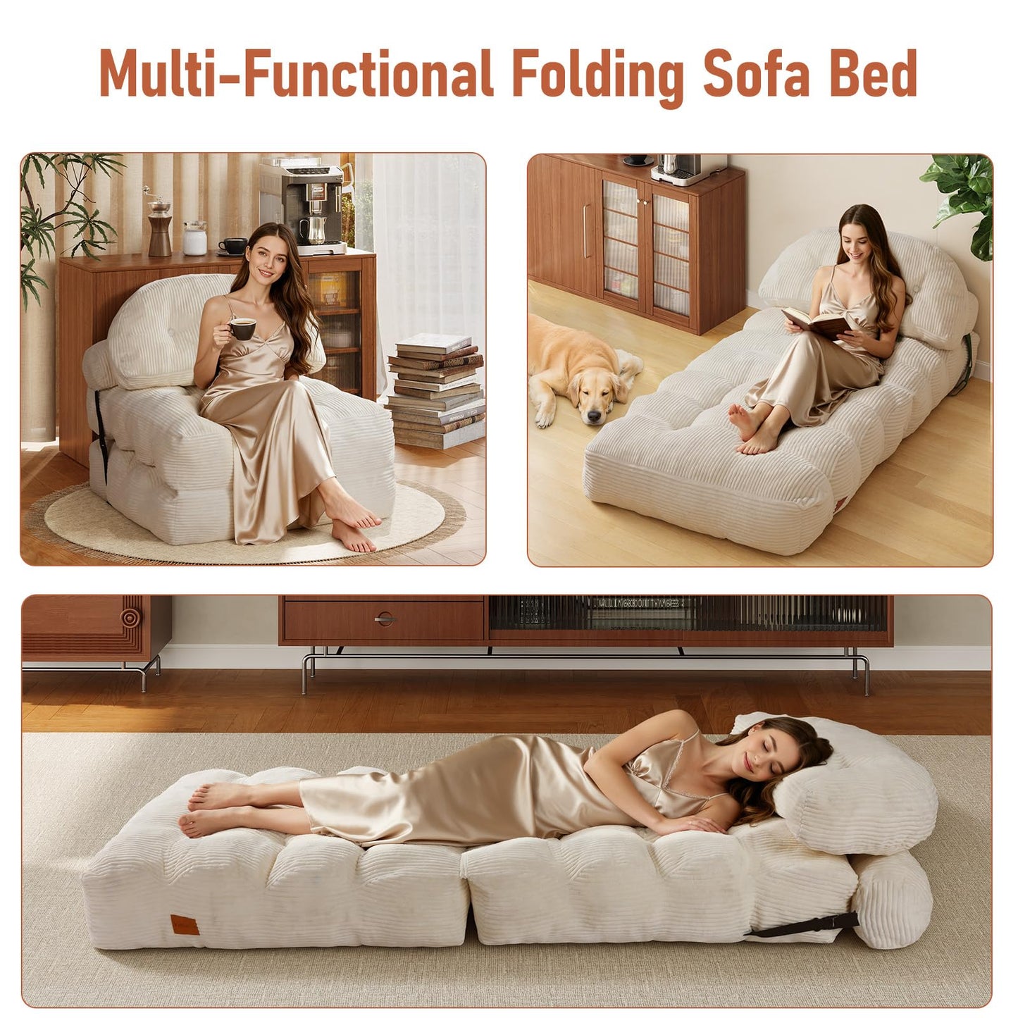 Vellorise Folding Sofa Bed, Convertible Chair Bed with Back Support and Pillow Futon,Foldable Boneless Chair for Living Room/Guest Use/Home Office, Foldable Couch for Adults, Beige