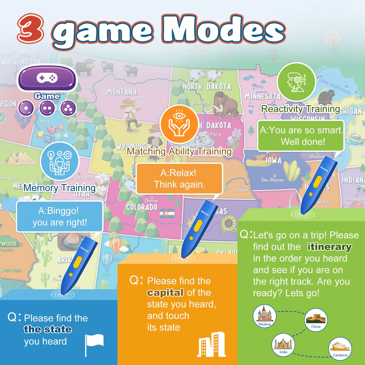 Qiaojoy Bilingual Interactive for Kids Talking USA Map for Kids Learning, Geography Toys Games Educational Electronic Map Christmas Personalized Gift/Toys for 4 5 6 7 8 9 10 Year Old Girls/Boys