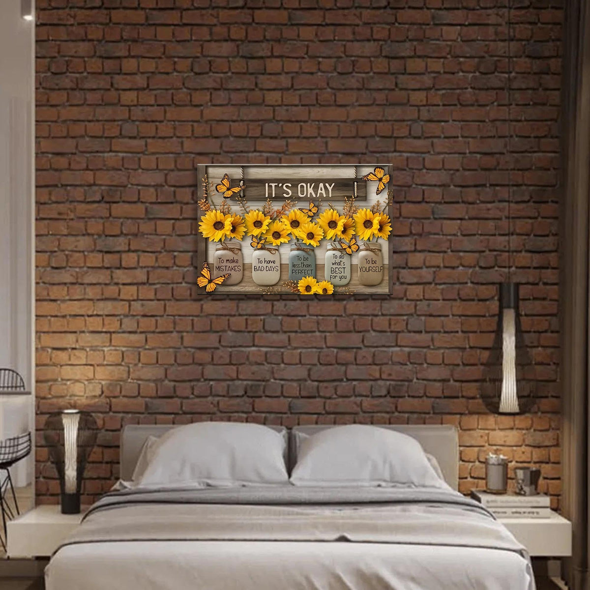 HYFBH Rustic Farmhouse Sunflower Wall Art Framed It's Okay Inspirational Quotes Post Yellow Sunflower Pictures Wall Decor Prints Artwork Canvas for Living Room Kitchen Office Ready to Hang 16x24In