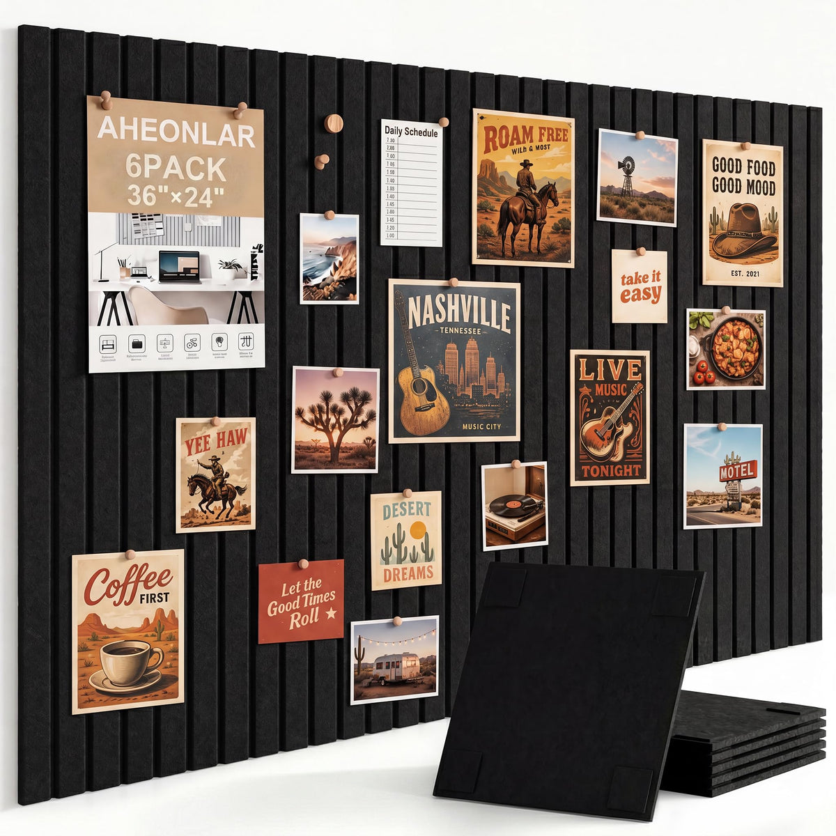 AHEONLAR Felt Bulletin Board 36"x 24", Cork Boards for Walls, 6 Pack Bulletin Board Large Cork Board for Office, Felt Boards with 40 Safe Removable Adhesive Tabs Wall Decor for Home(Black)