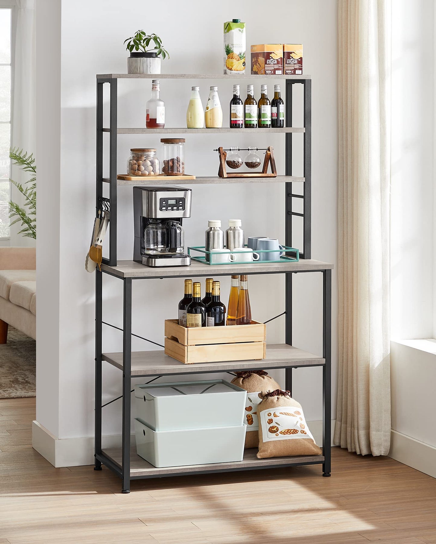 VASAGLE Coffee Bar, 31.5 Inches Baker's Rack for Kitchen with Storage, 6-Tier Kitchen Shelves with 6 Hooks, Microwave Stand, Industrial, Heather Greige and Ink Black UKKS019B02