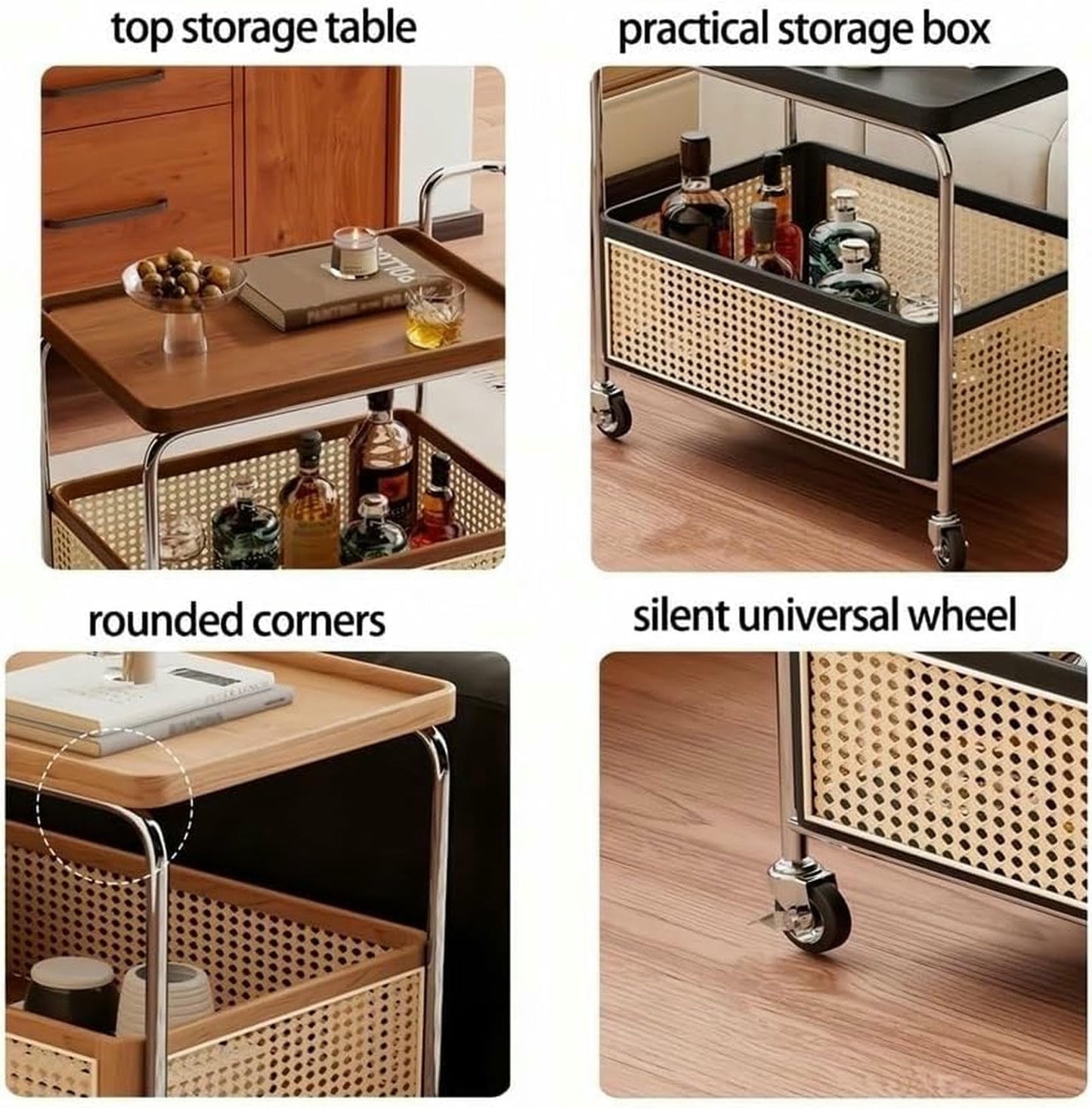MNJVCFDS Rattan Side Table with Wheels Rolling 2-Layer Coffee Table Storage End Table Rattan Basket Wood Frame for Living Room Bedroom Long Lasting