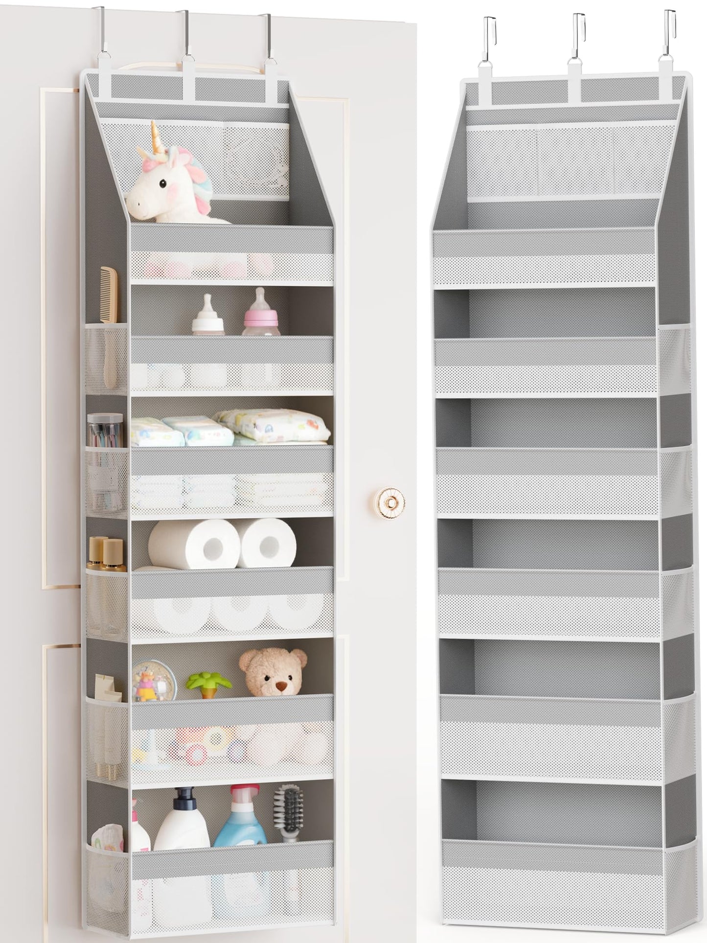 Criusia Over The Door Organizer, Heavy-Duty 6-Shelf Hanging Storage with 13 Mesh Pockets, 55lbs Capacity Behind The Door Storage for Nursery, Bathroom, Bedroom, and Dorm, Grey