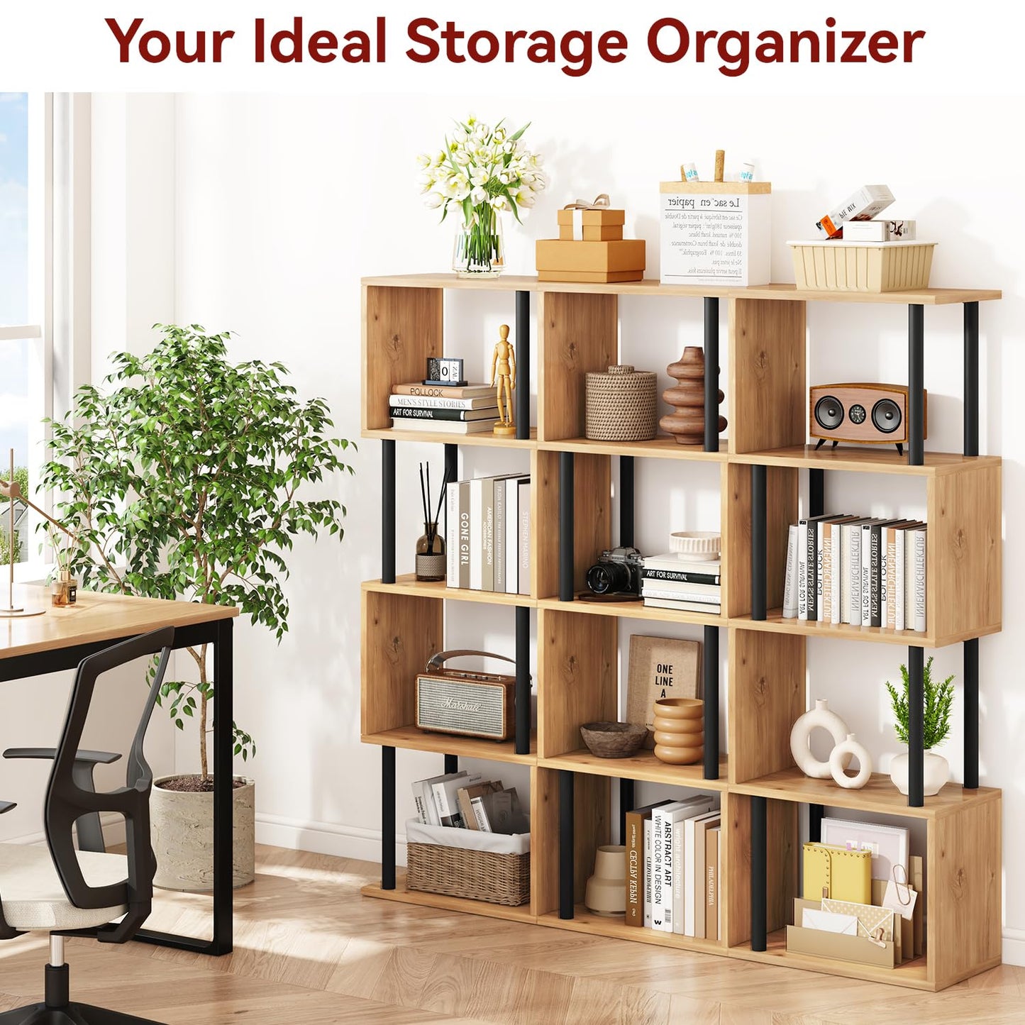 IBUYKE 5-Tier Tall Bookshelf,S-Shaped Geometric Bookcase, Wood Display Shelves with Storage,Modern Bookshelf for Living Room Bedroom, Home Office,Oak WBC015K