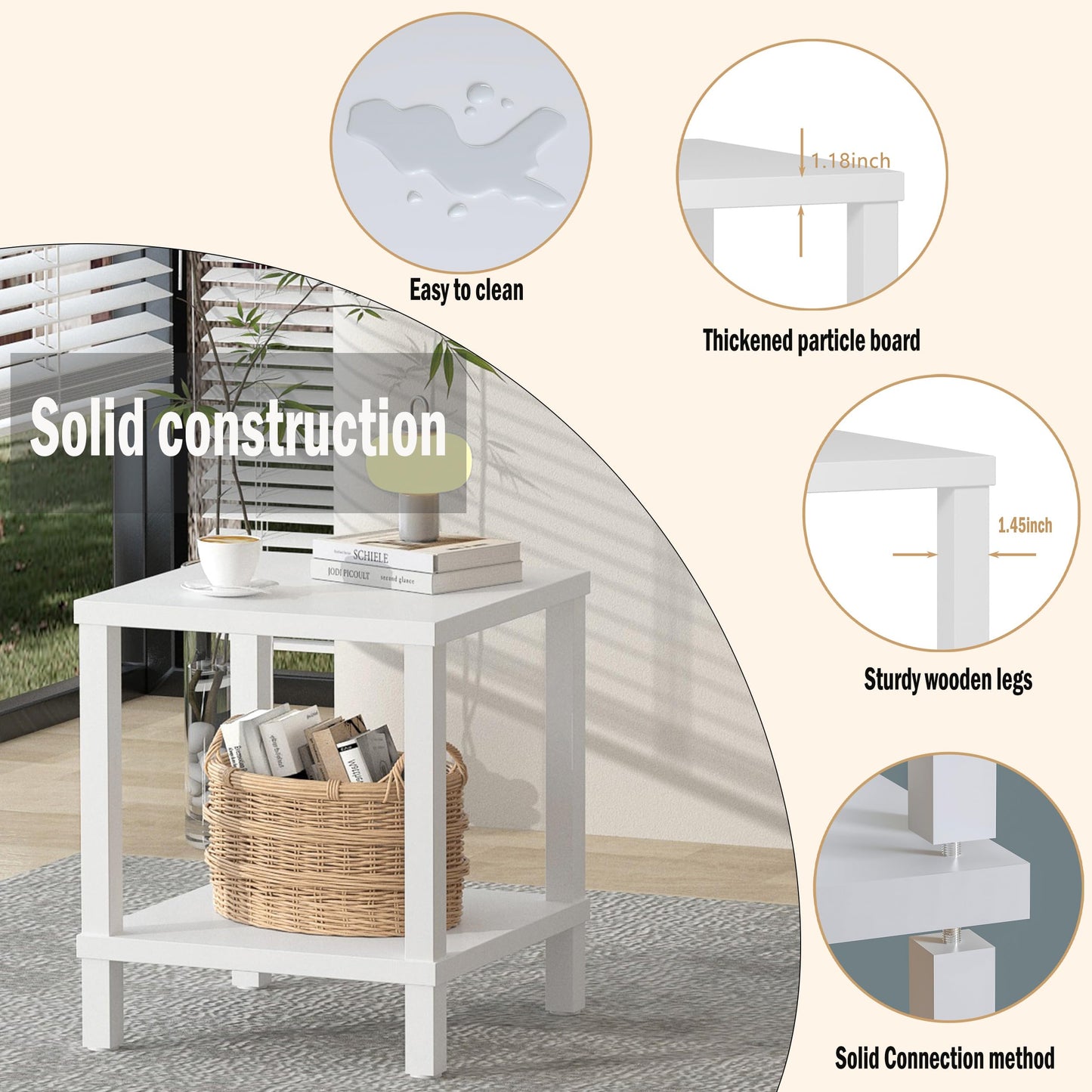 MMEOLUOOK Large End Table Square Side Table Modern Sofa Table 20 Inch Industrial Coffee Table NightStand with 2-Tier Storage Shelf for Living Room Bedroom White MLBZ06W